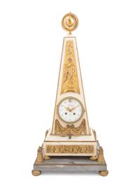 A Late Louis XVI or Directoire Gilt Bronze and Marble Obelisk Clock and Stand