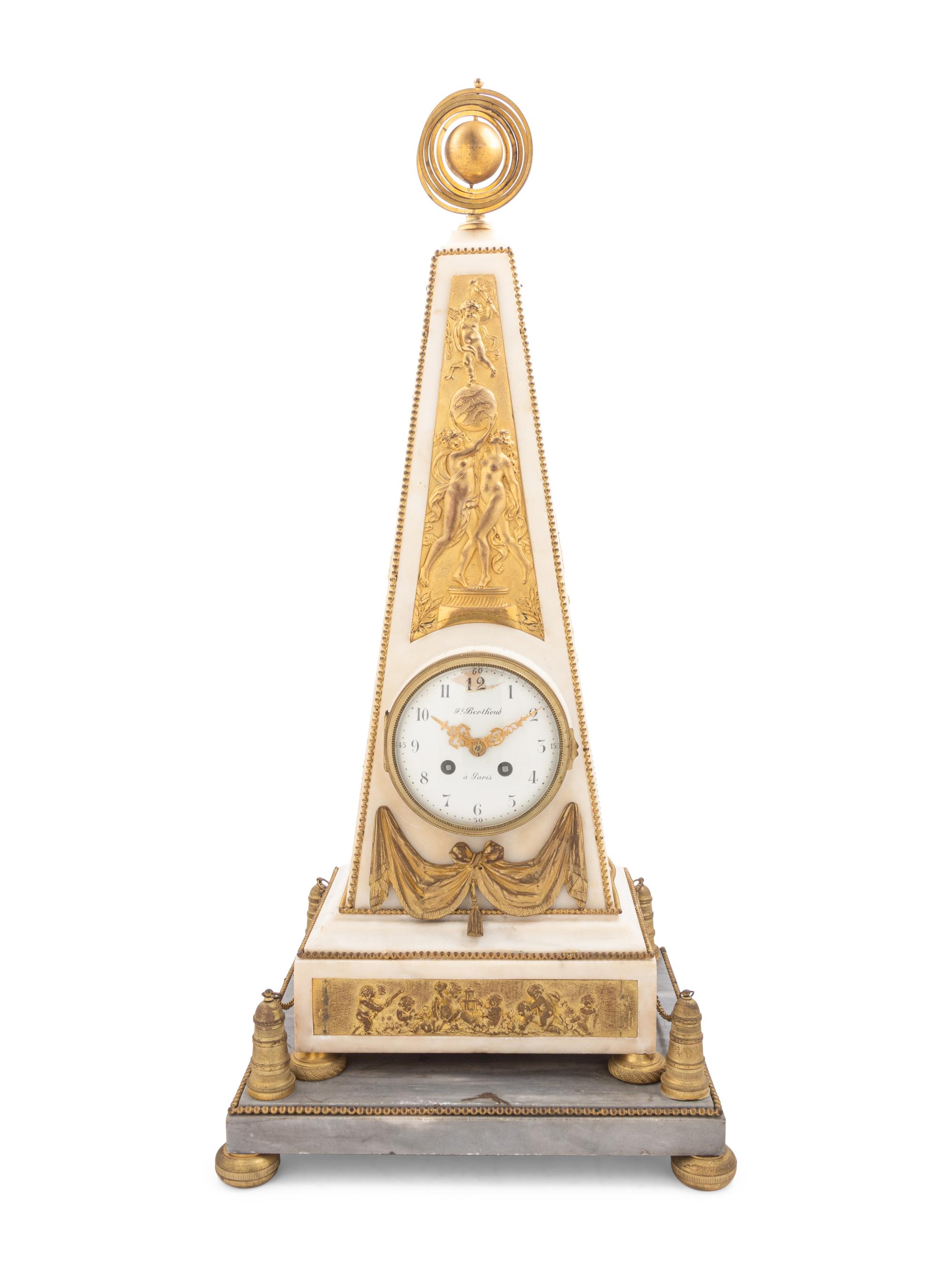 A Late Louis XVI or Directoire Gilt Bronze and Marble Obelisk Clock and Stand