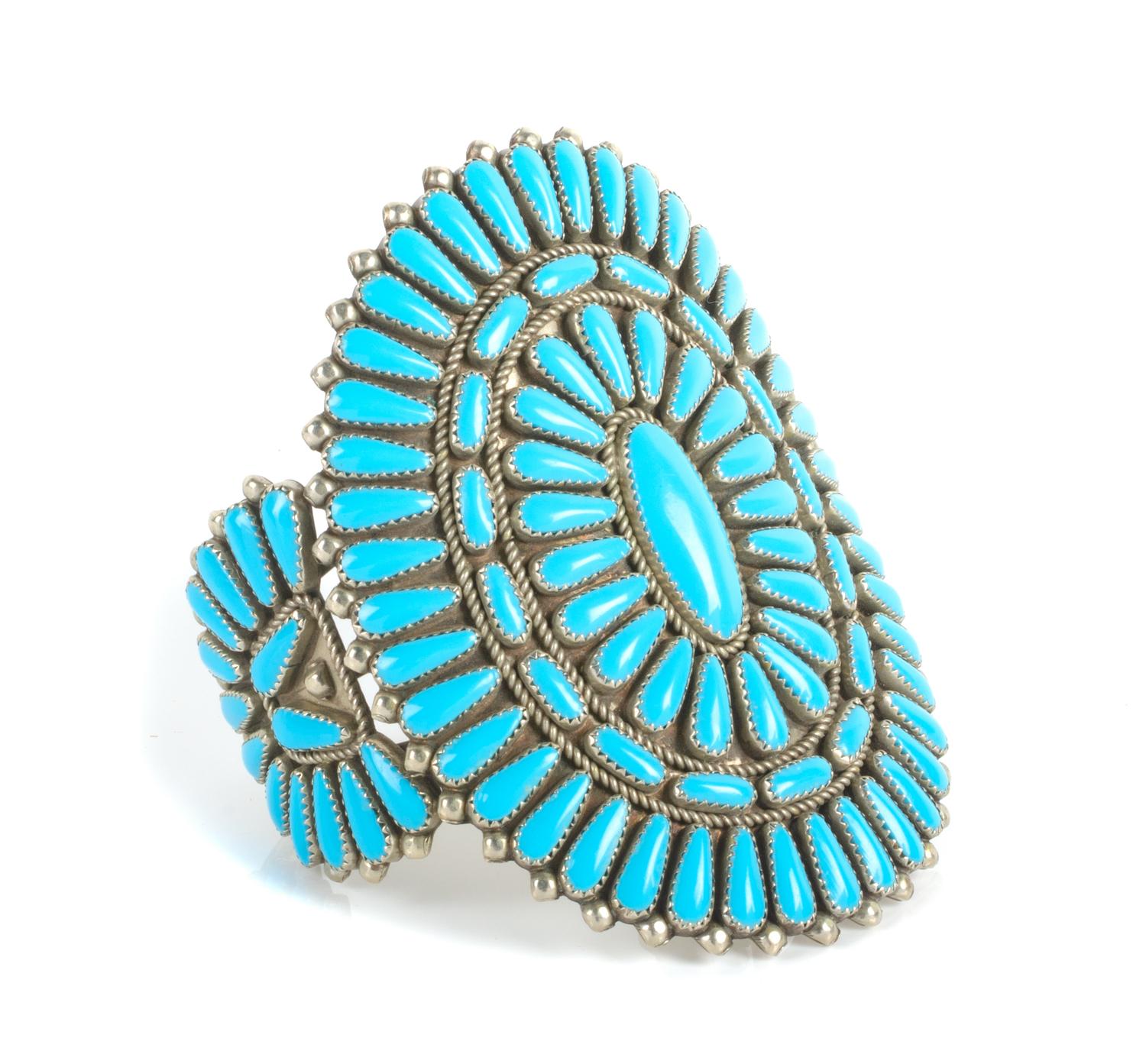 Southwestern Silver and Turquoise Cluster Bracelet Length 6 x opening 1 1/4 x width 3 3/4 inches