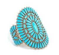 Southwestern Silver and Turquoise Cluster Bracelet Length 6 x opening 1 1/4 x width 3 3/4 inches