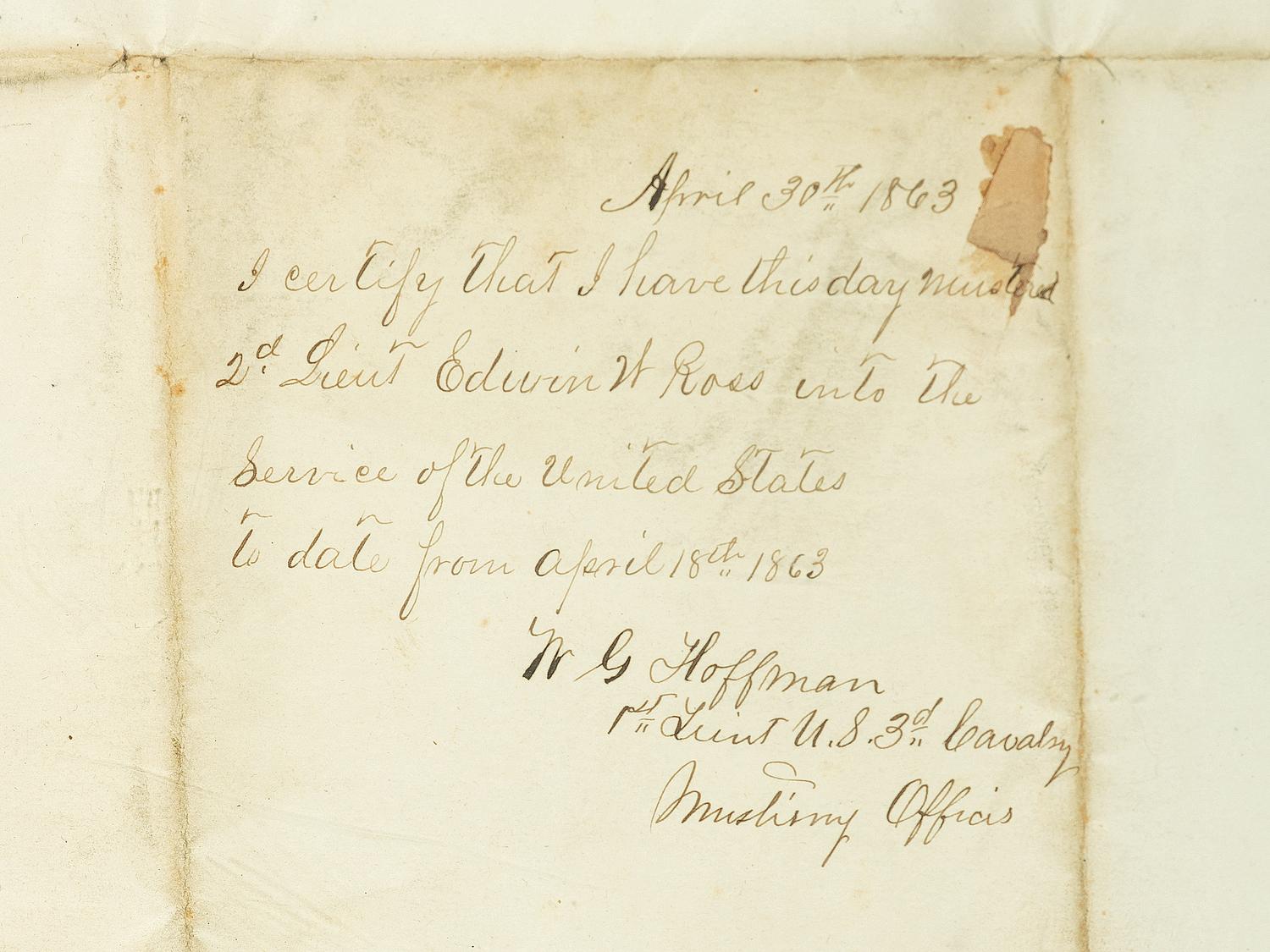 [CIVIL WAR]. Illinois Volunteers appointment for Sergeant Edwin W. Ross, Battery B, Illinois 2nd Light Artillery.