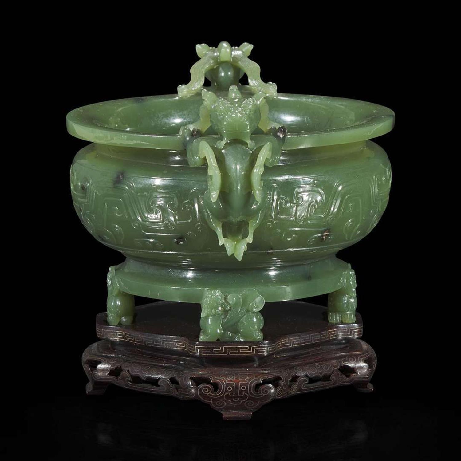 A Chinese carved sage green jade tripod censer 碧玉三足香炉