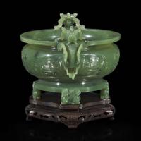 A Chinese carved sage green jade tripod censer 碧玉三足香炉