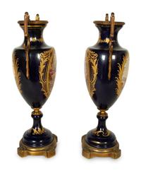 A Pair Gilt Metal Mounted Sèvres Style Porcelain Urns