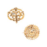 ANTIQUE, YELLOW GOLD SLIDE BRACELET AND TWO SEED PEARL BROOCHES