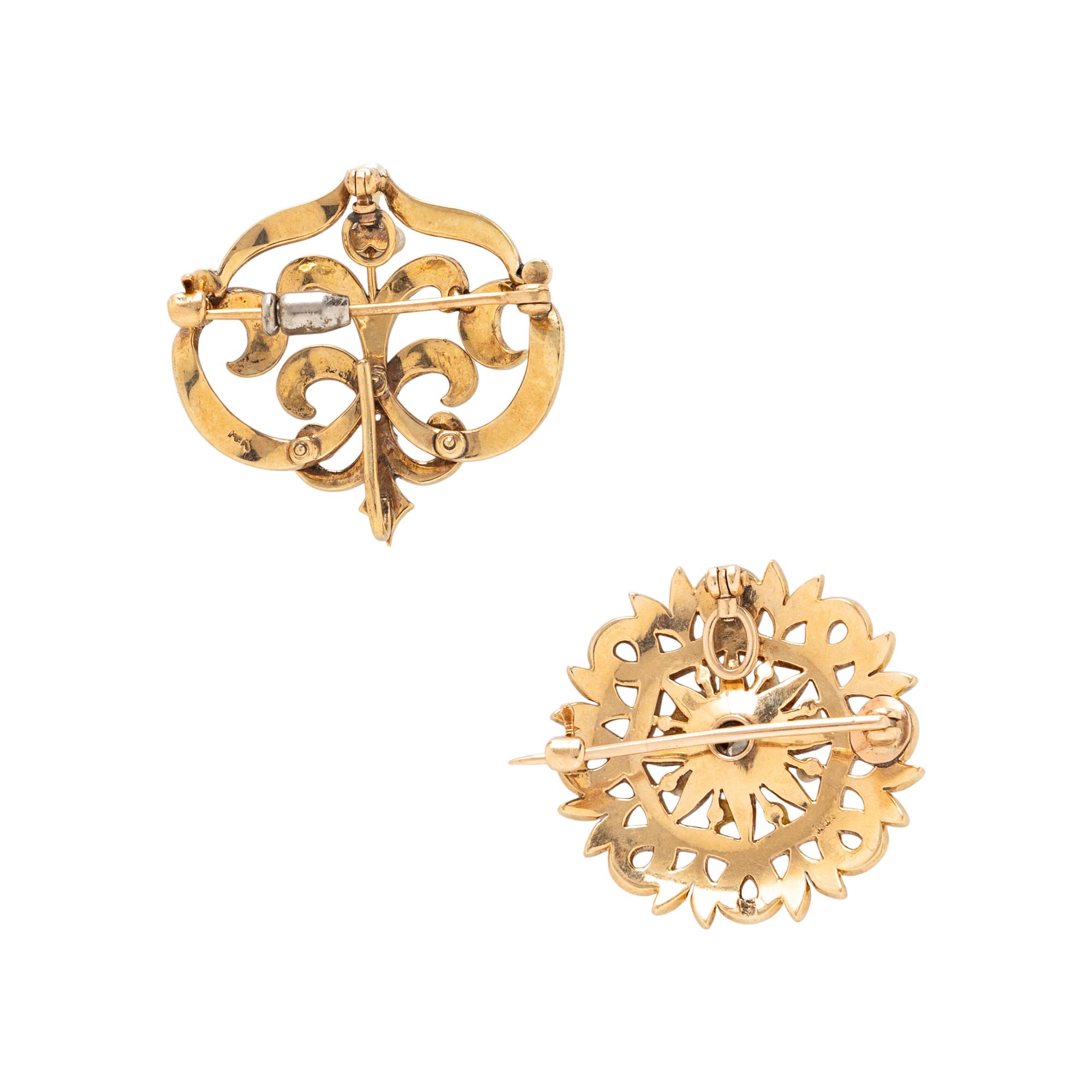 ANTIQUE, YELLOW GOLD SLIDE BRACELET AND TWO SEED PEARL BROOCHES