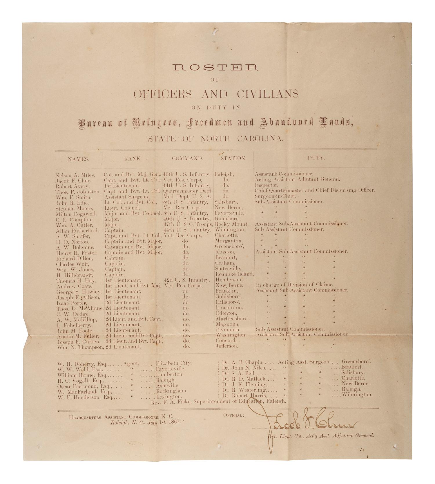 [CIVIL WAR] -- [RECONSTRUCTION]. Roster of Officers and Civilians on Duty in Bureau of Refugees, Freedmen and Abandoned Lands, State of North Carolina. Raleigh, North Carolina, 1 July 1867.
