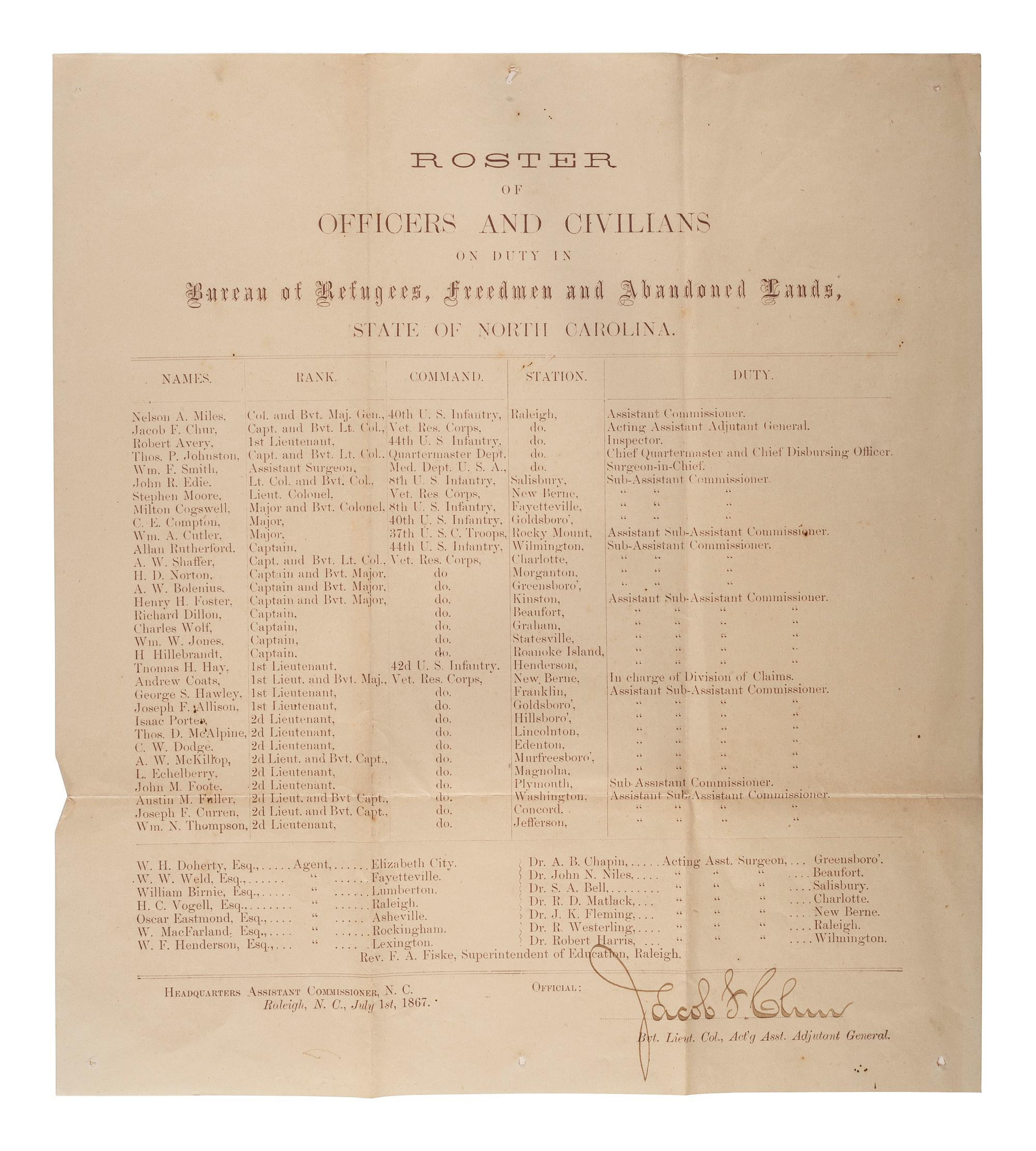 [CIVIL WAR] -- [RECONSTRUCTION]. Roster of Officers and Civilians on Duty in Bureau of Refugees, Freedmen and Abandoned Lands, State of North Carolina. Raleigh, North Carolina, 1 July 1867.
