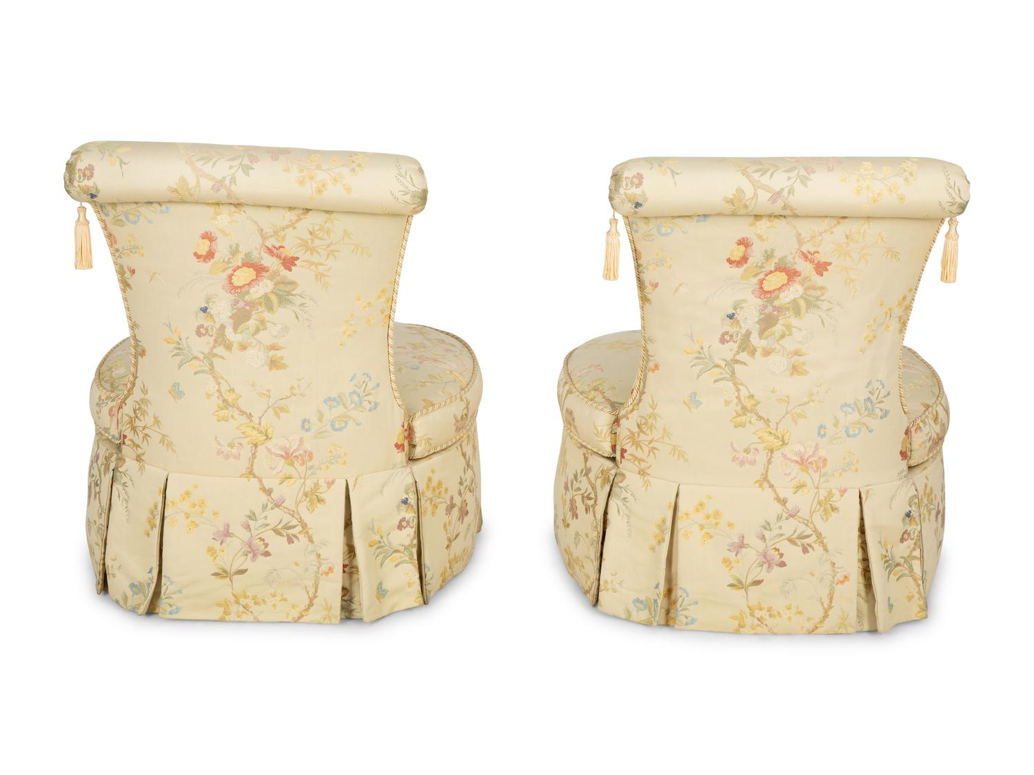 A Pair of Slipper Chairs with Scalamandré Meissen Magnolia Silk Lampas Pattern Upholstery