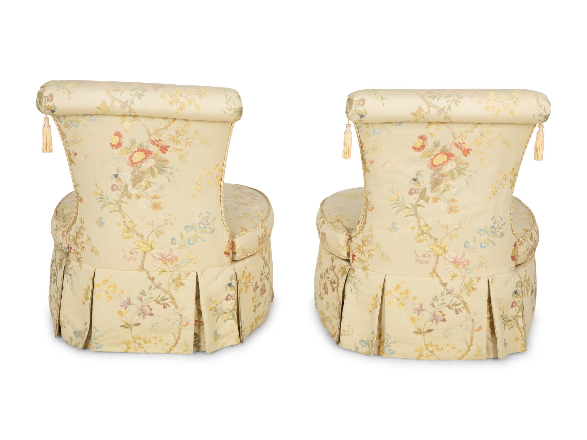 A Pair of Slipper Chairs with Scalamandré Meissen Magnolia Silk Lampas Pattern Upholstery