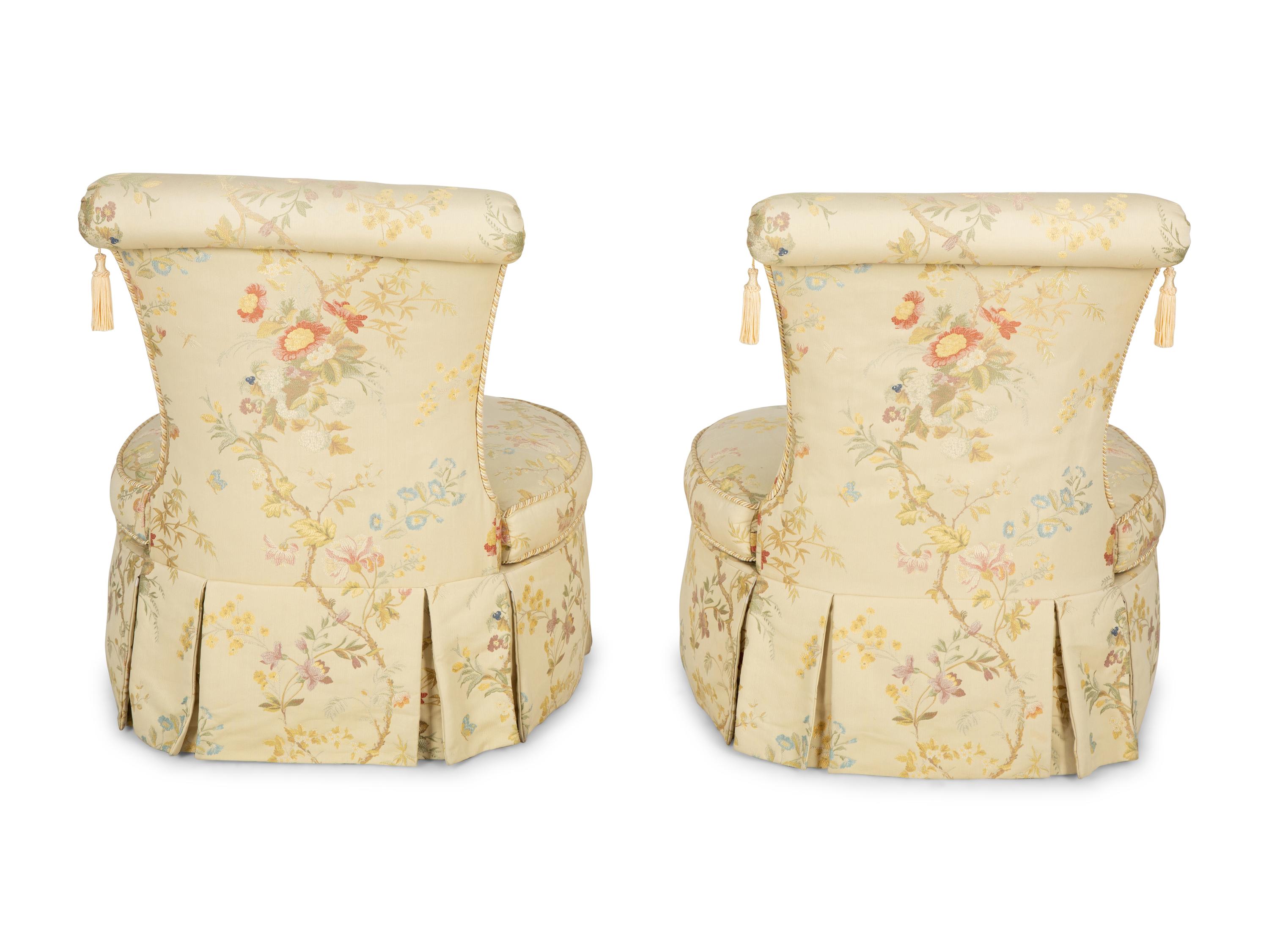 A Pair of Slipper Chairs with Scalamandré Meissen Magnolia Silk Lampas Pattern Upholstery