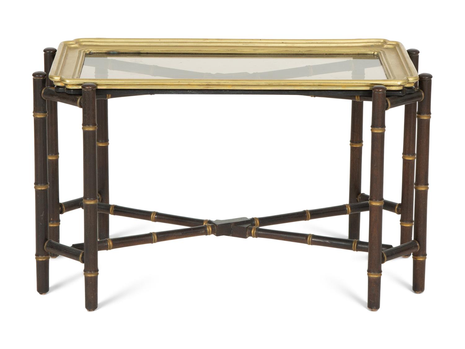 A Brass-Mounted Black and Gilt Lacquer Tray Top Table and Stand