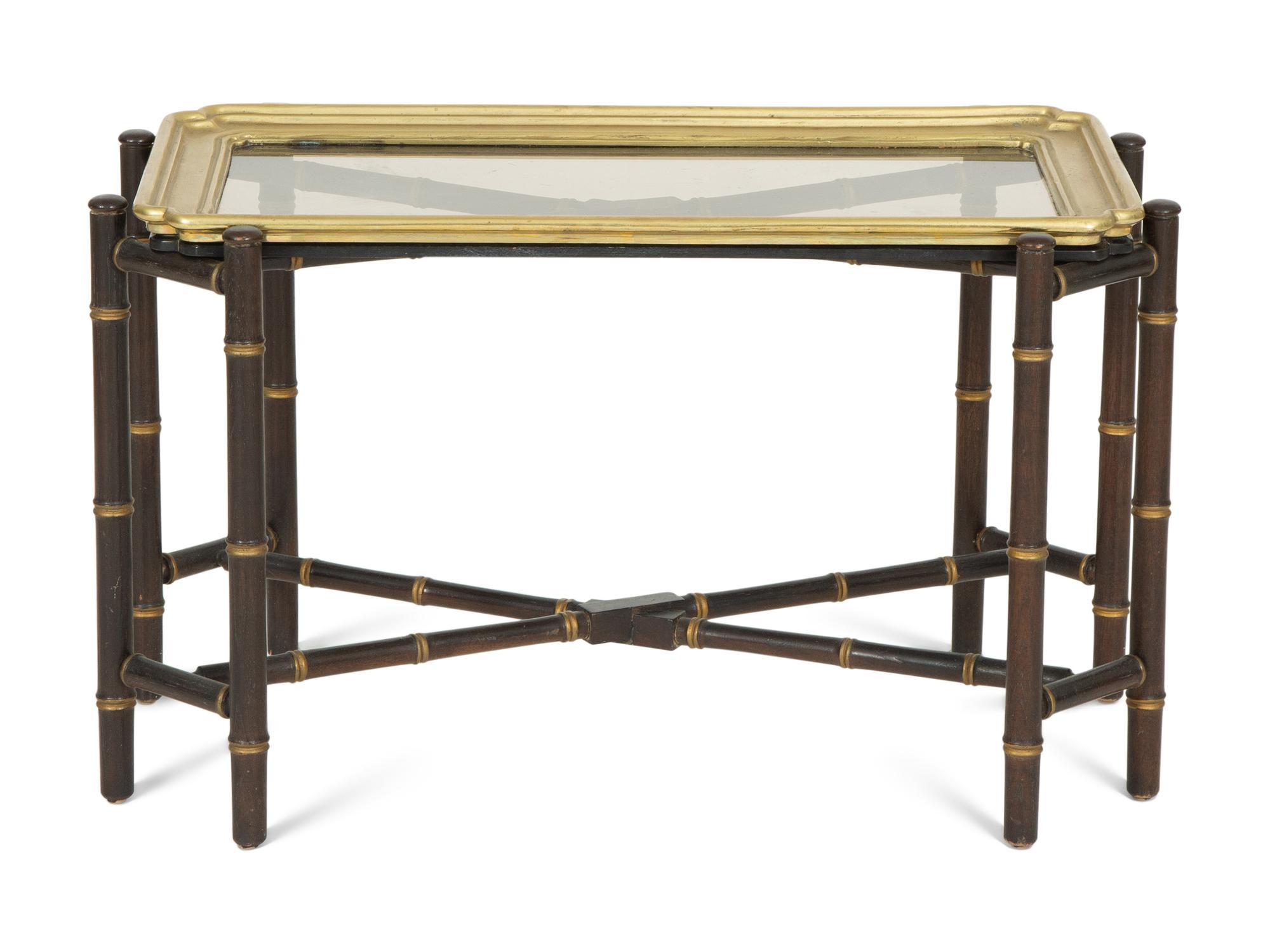 A Brass-Mounted Black and Gilt Lacquer Tray Top Table and Stand
