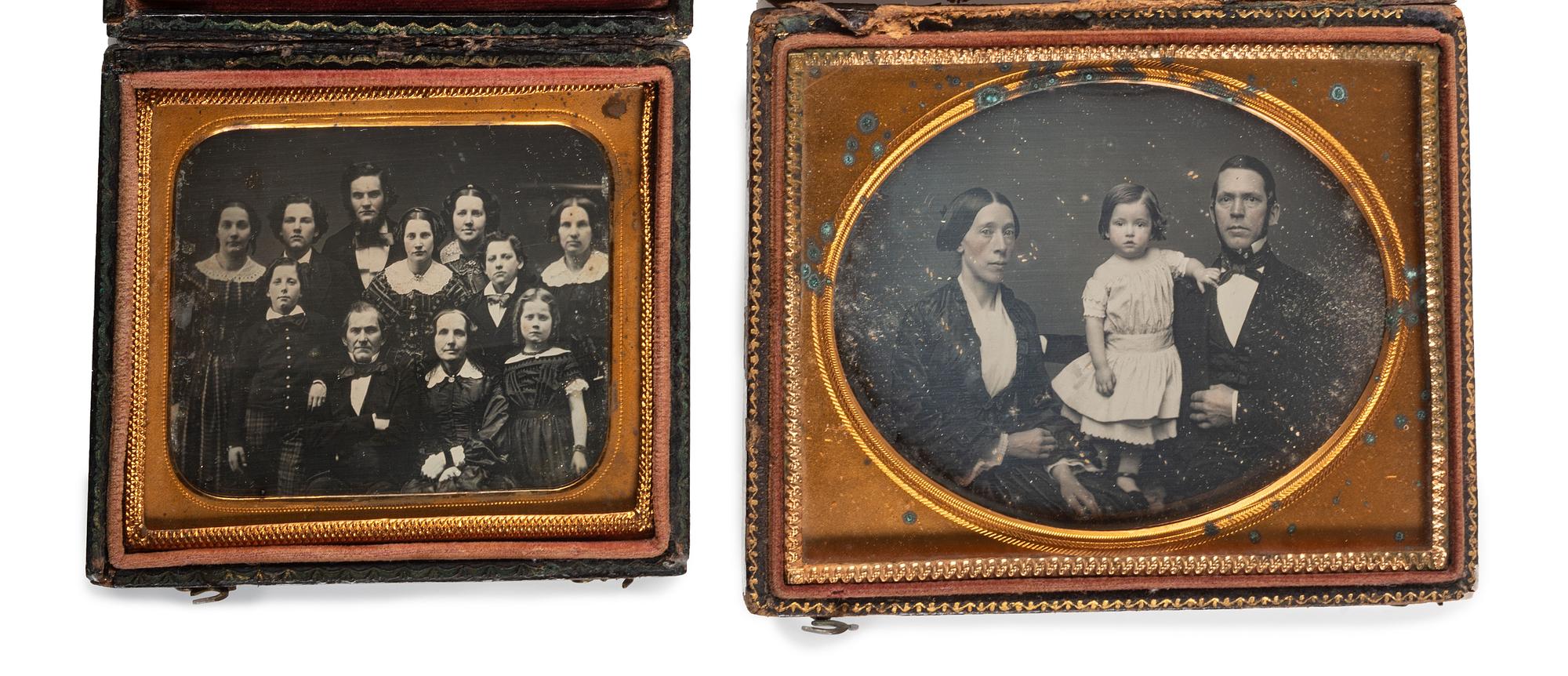 [EARLY PHOTOGRAPHY]. A group of 3 daguerreotypes featuring family groups, highlighted by a portrait of 11 family members, comprising: