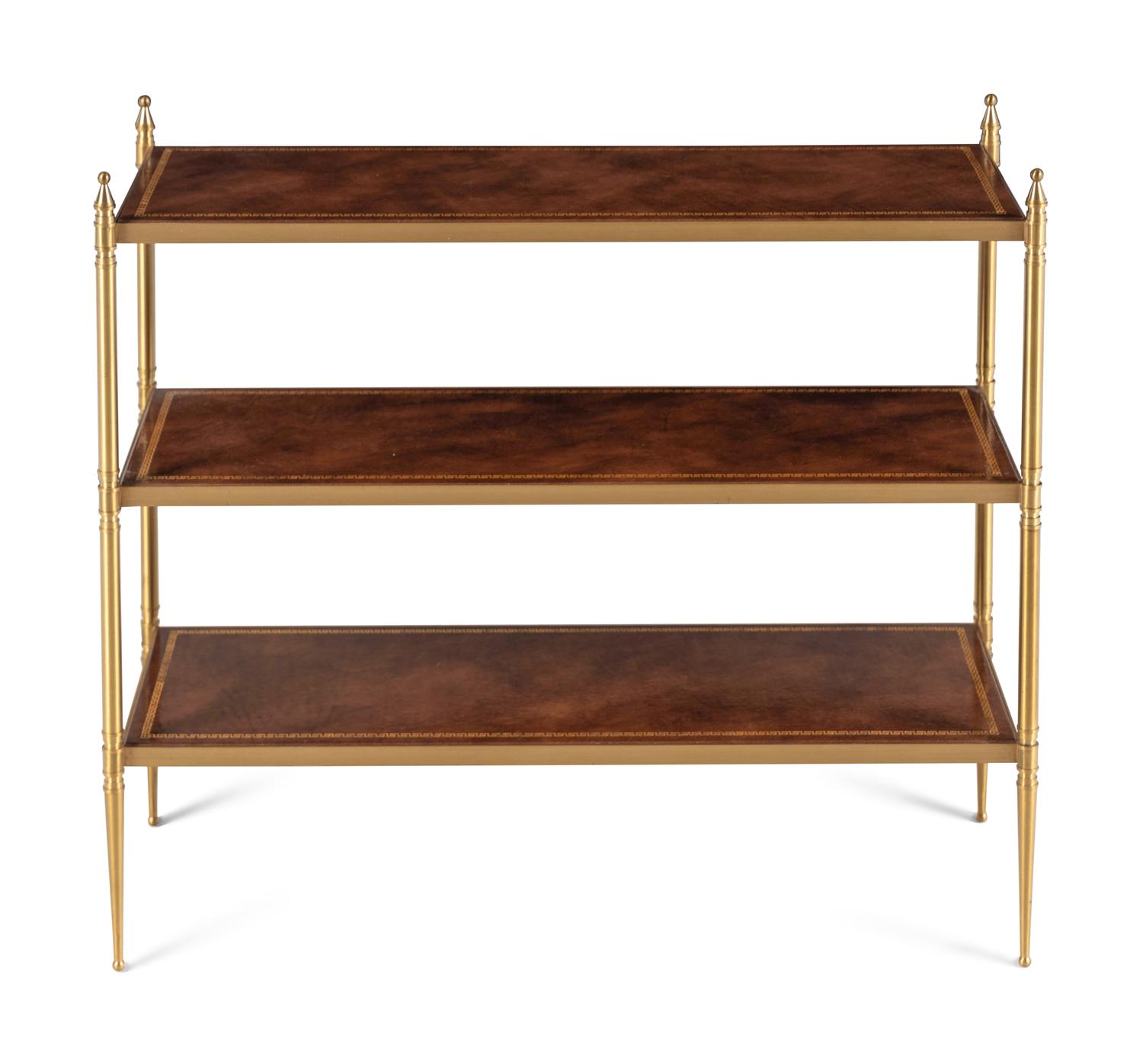 A Brass and Leather Three-Tier Side Table