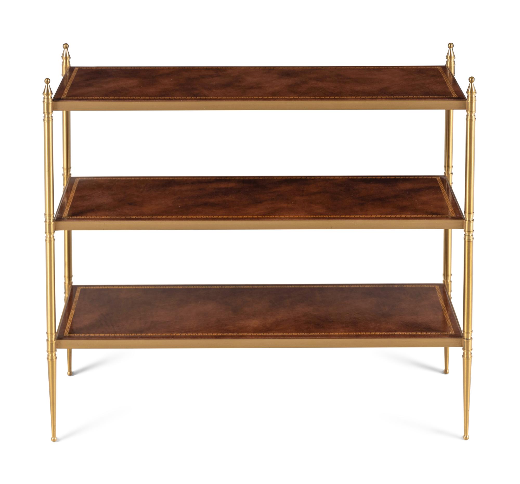 A Brass and Leather Three-Tier Side Table