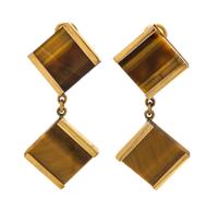A Pair of 14 Karat Yellow Gold and Tiger's Eye Pendant Earclips, 9.10 dwts.