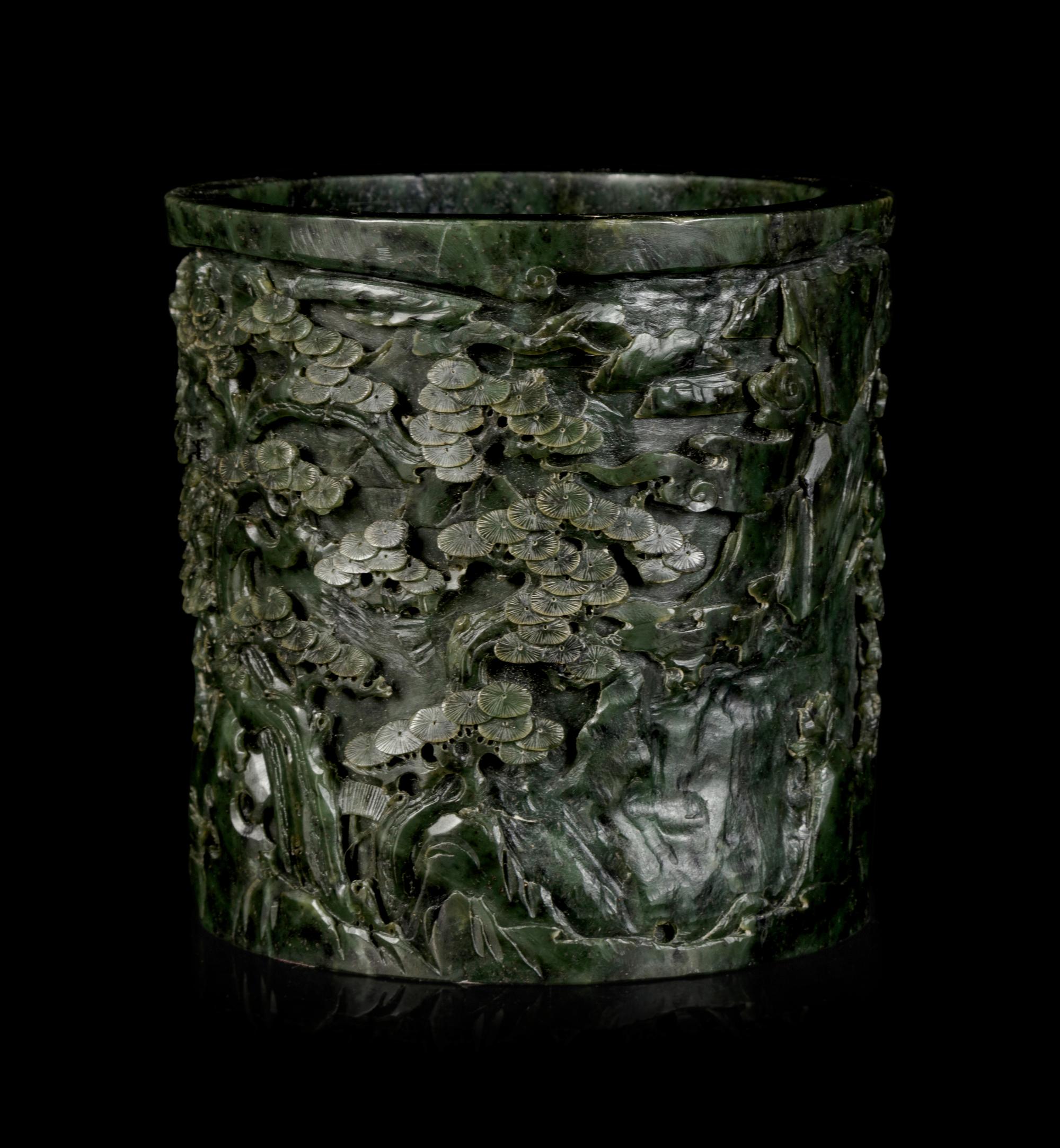 A Chinese Spinach Jade Brushpot, Bitong