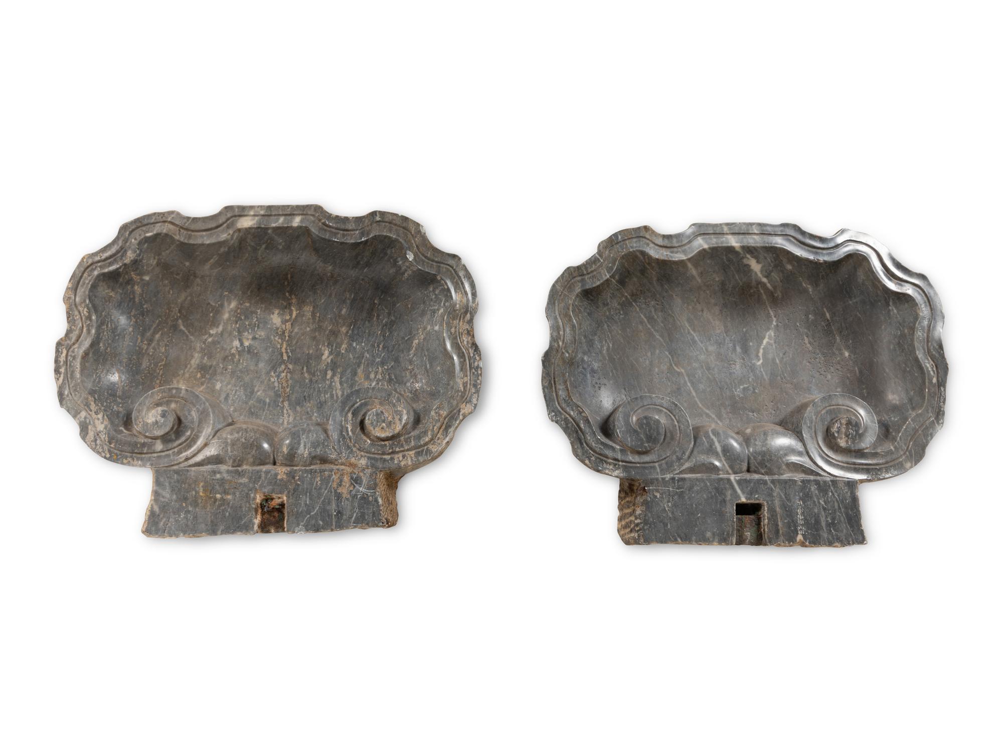 A Pair of Italian Baroque Grey Marble Shell-Form Wall Mounted Basins