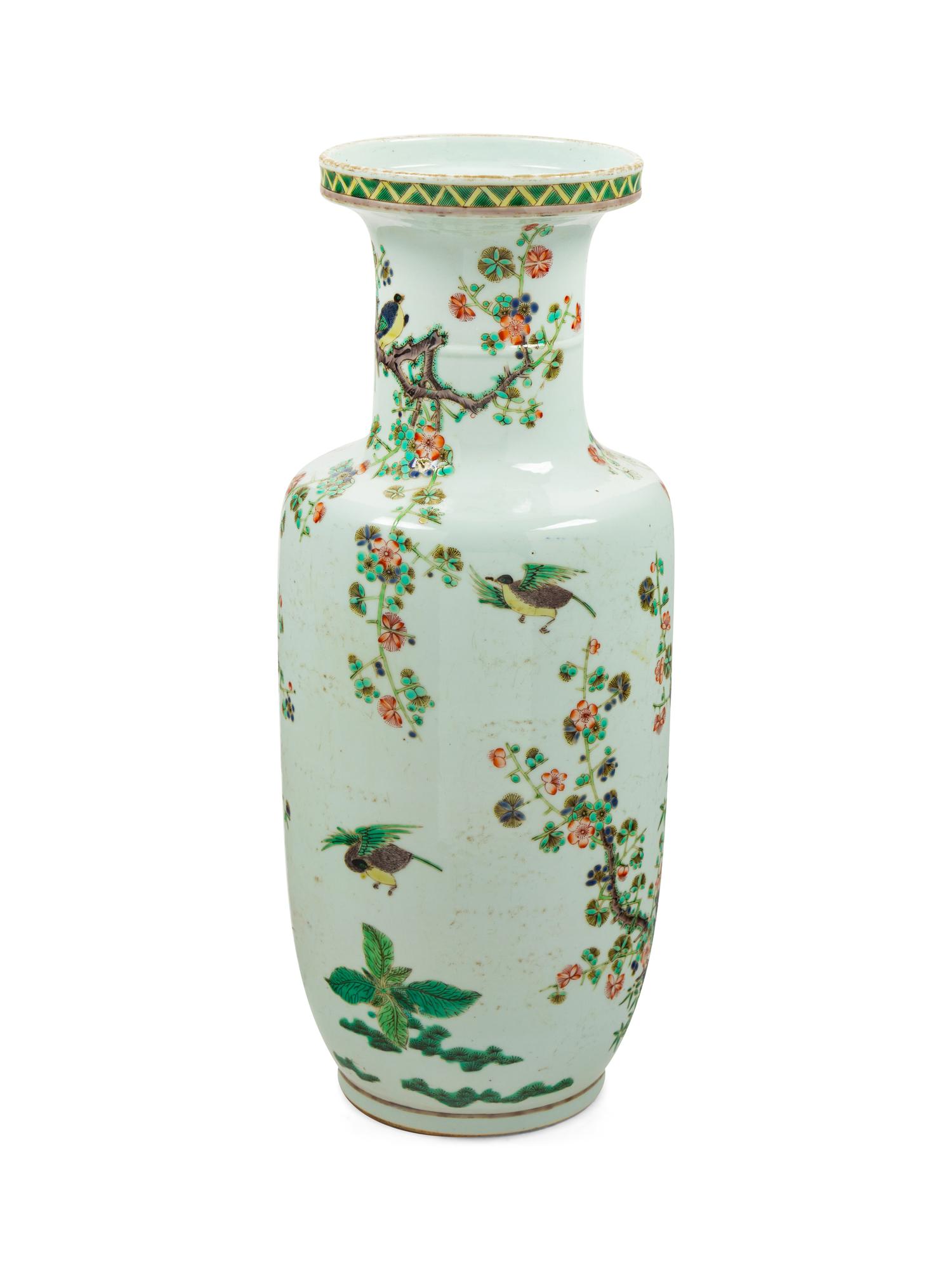 A Chinese Famille Verte Porcelain Rouleau Vase