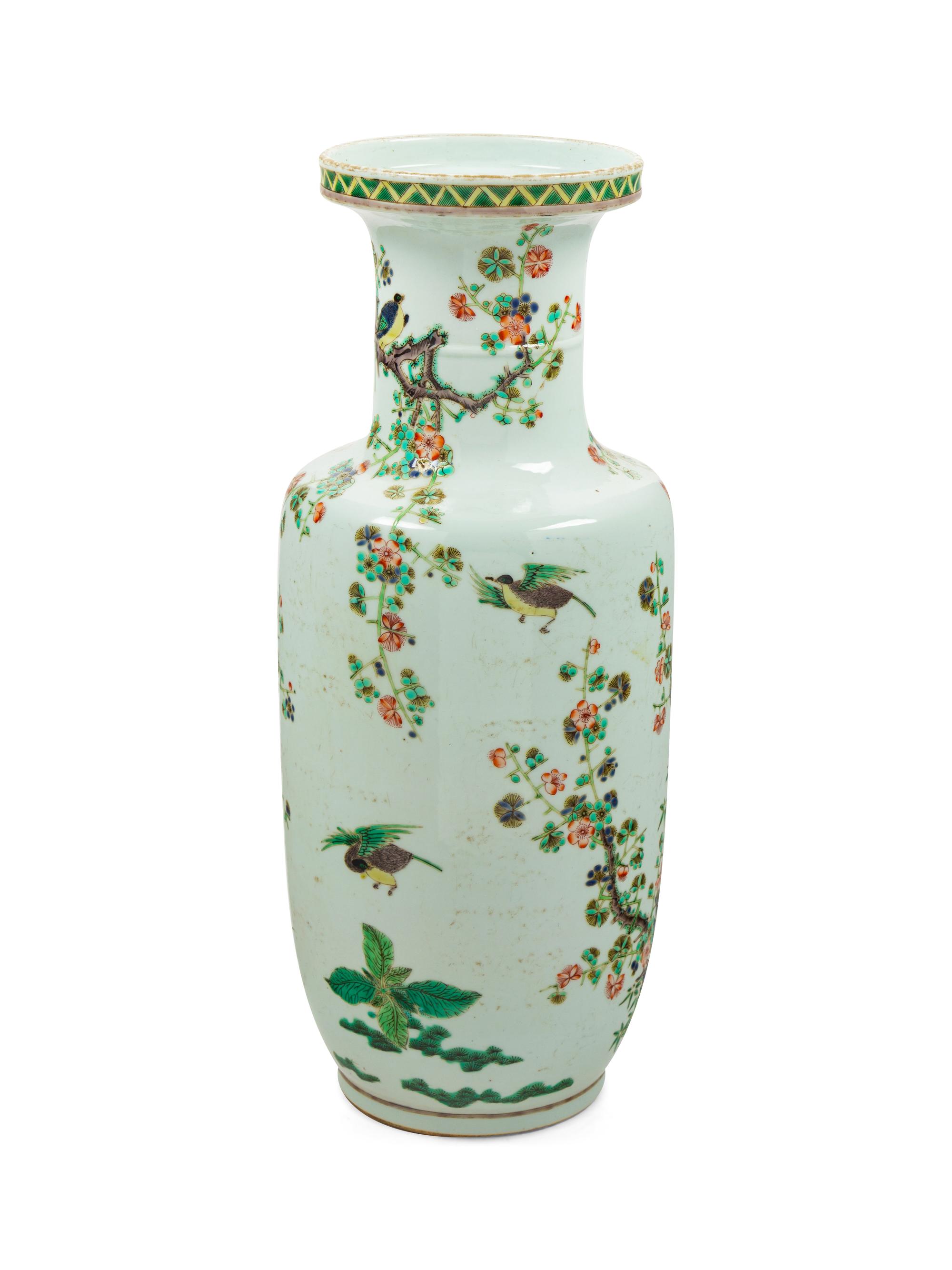 A Chinese Famille Verte Porcelain Rouleau Vase