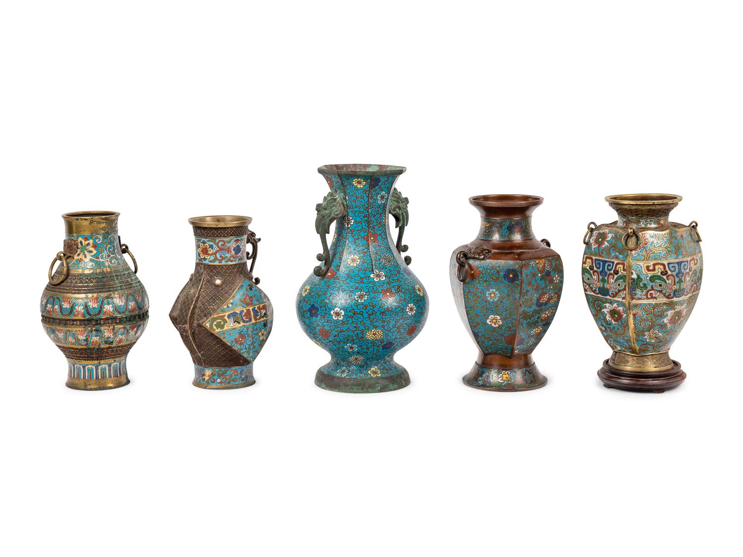 Five Japanese Archaistic Blue Ground Cloisonné Enameled Vases