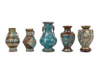 Five Japanese Archaistic Blue Ground Cloisonné Enameled Vases
