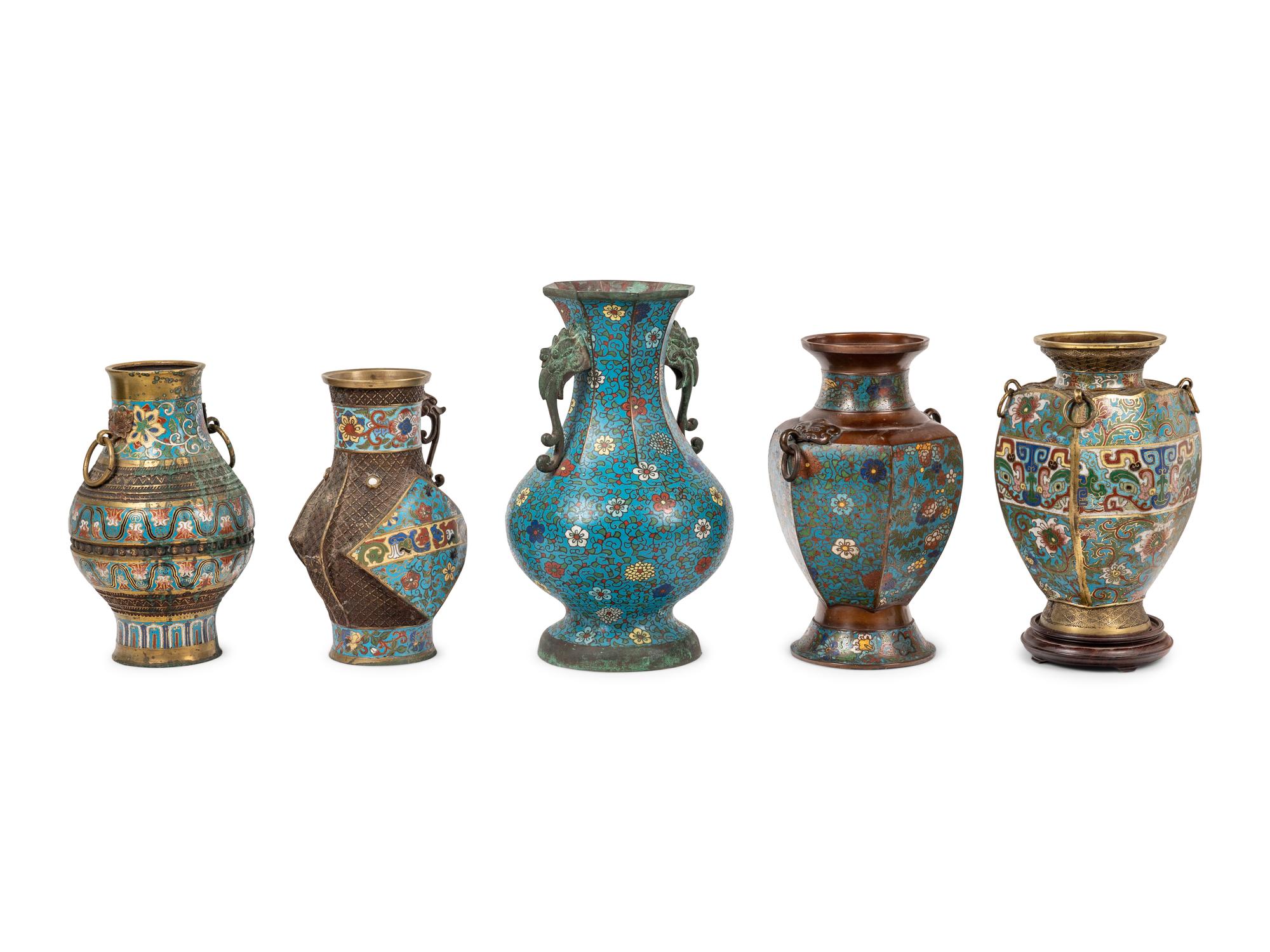 Five Japanese Archaistic Blue Ground Cloisonné Enameled Vases
