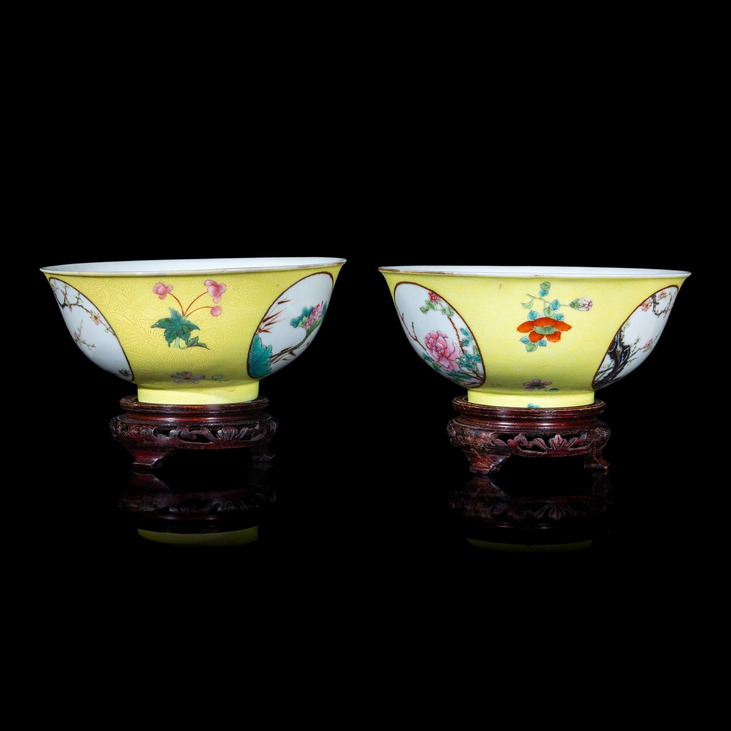 A Pair of Chinese Sgraffito Ground Yellow Glazed Famille Rose Porcelain 'Floral' Bowls, Late 19th/early 20th Century 晚清/民國 黃地軋道開光花卉紋碗一對