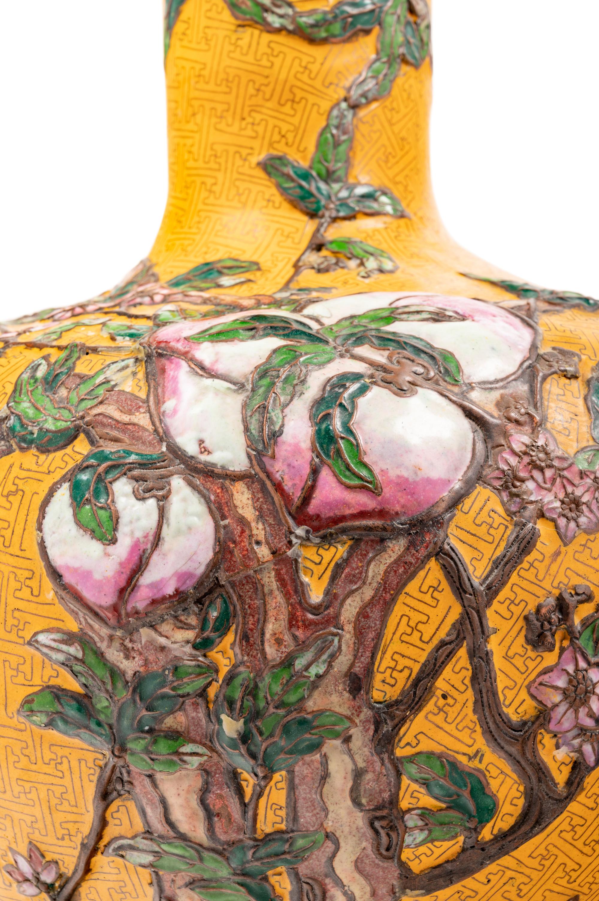 Three Large Chinese Yellow Ground Cloisonné Enamel Vases, Tianqiuping