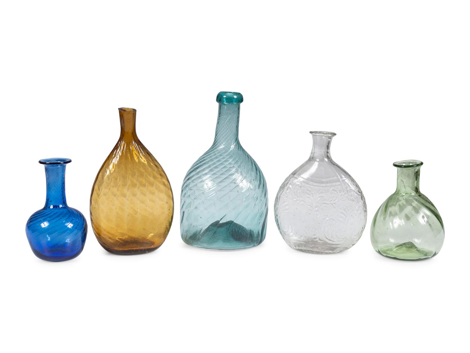 Five Early American Glass Pattern Molded Flasks and Bottles