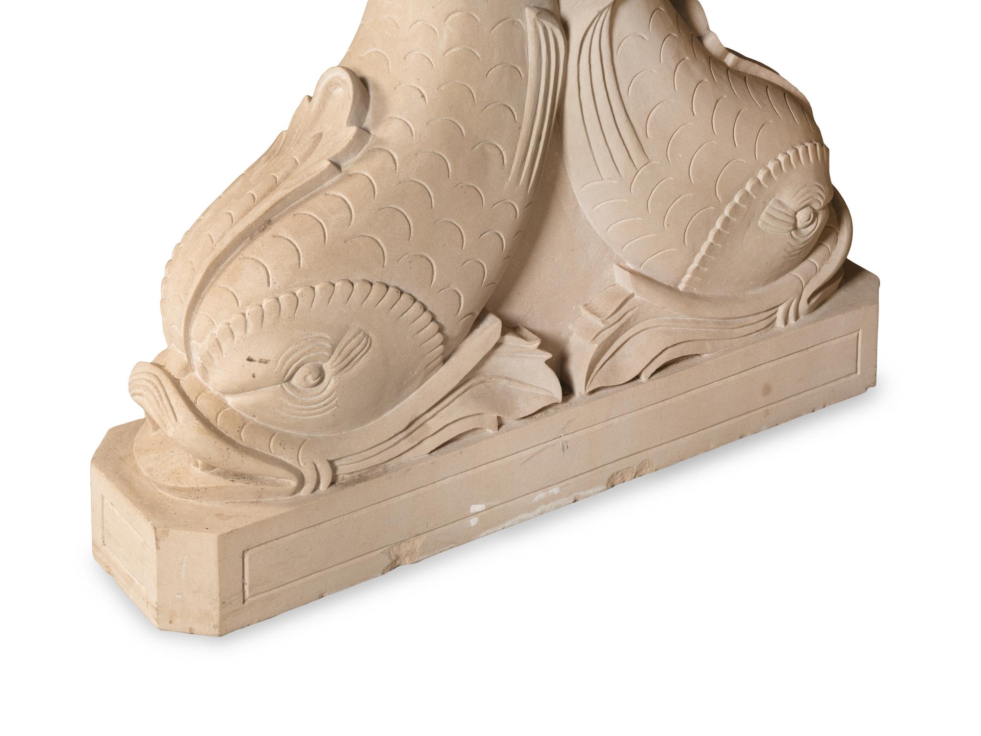 A Cast Stone Dolphin-Form Double Pedestal Table