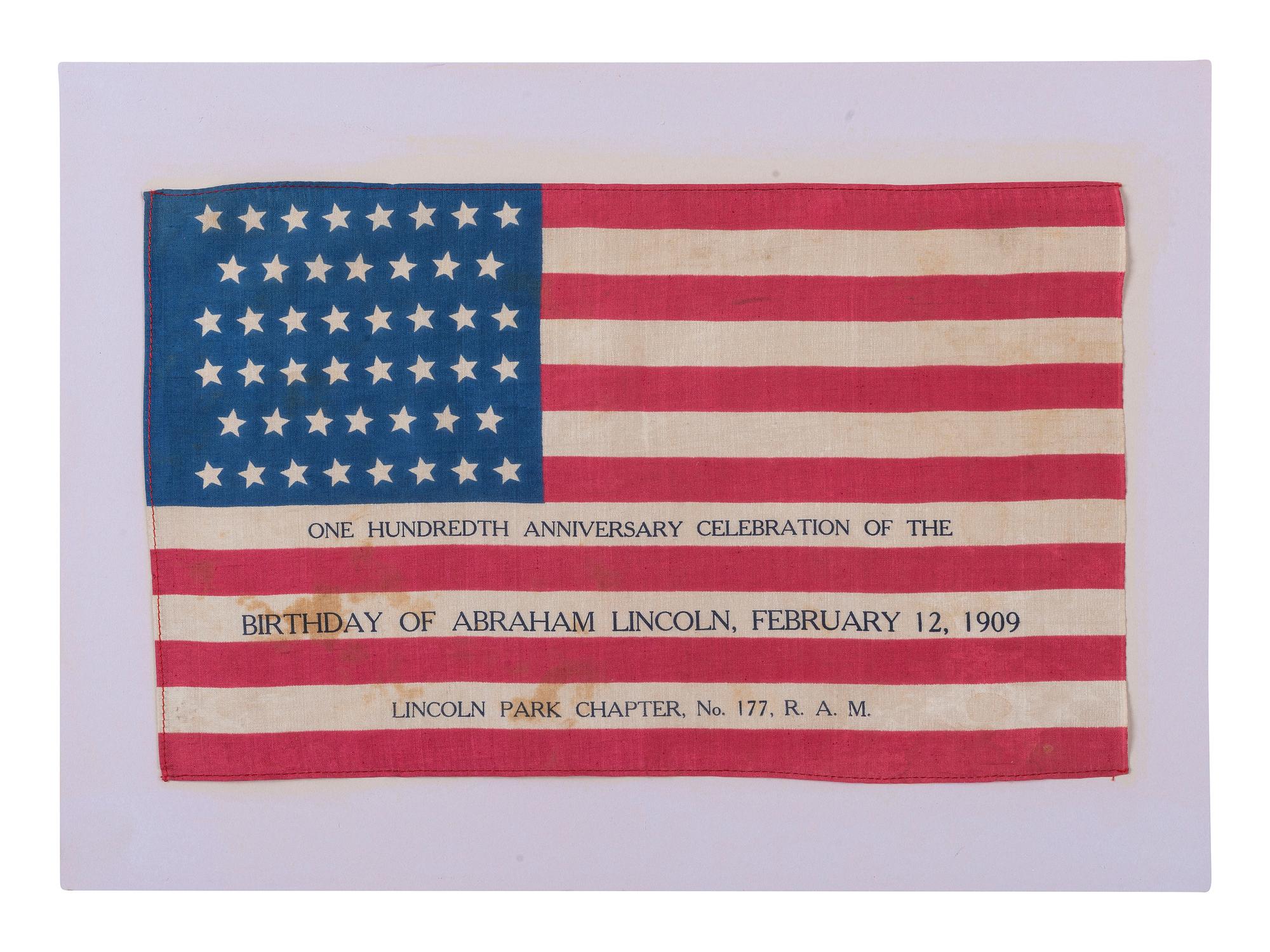 [FLAGS]. 46-star American parade flag commemorating Abraham Lincoln's 100th birthday. Ca 1908-1912.