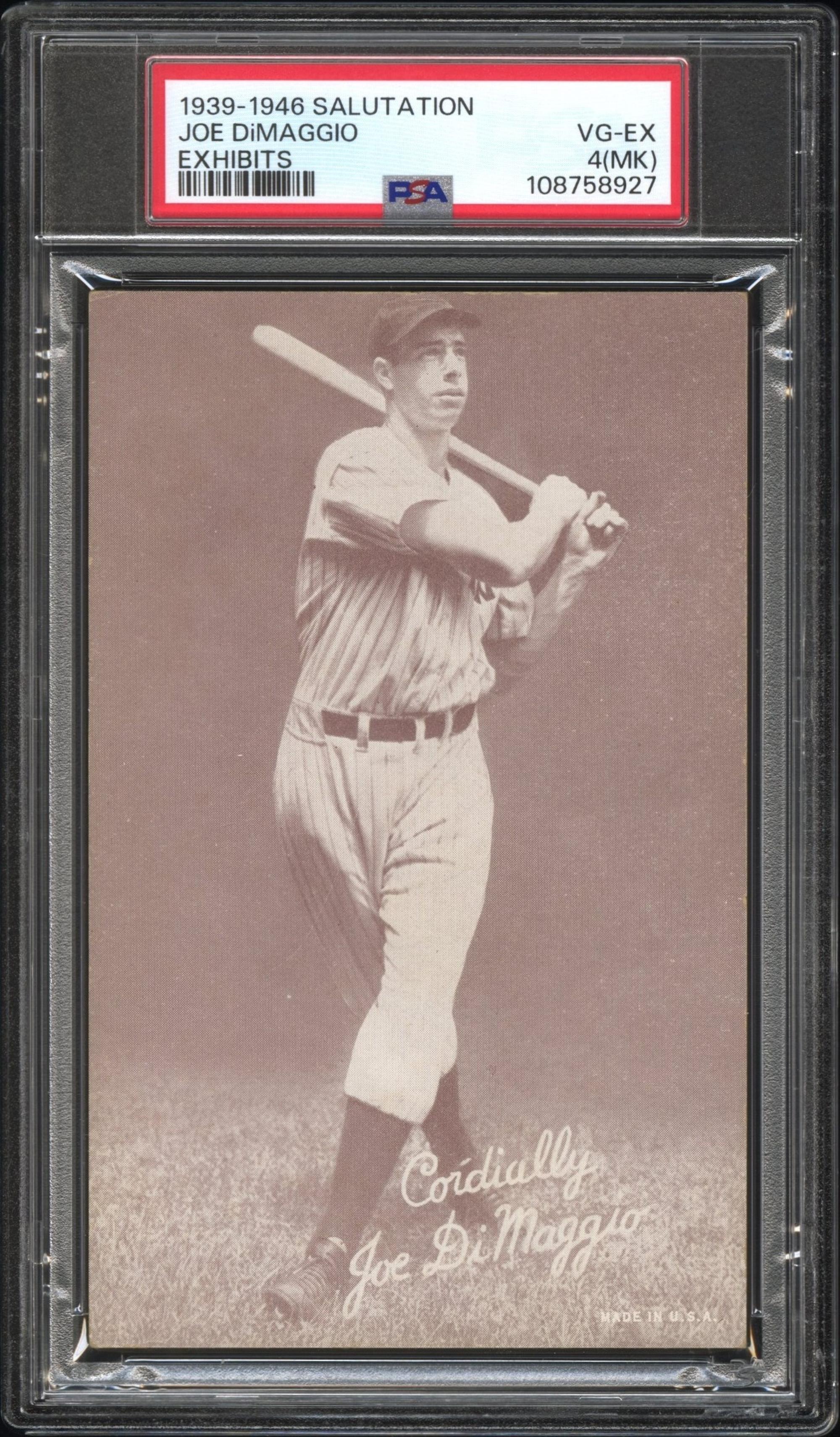 A 1939-46 Salutation Exhibits Joe DiMaggio Baseball Card (PSA 4MK VG-EX)