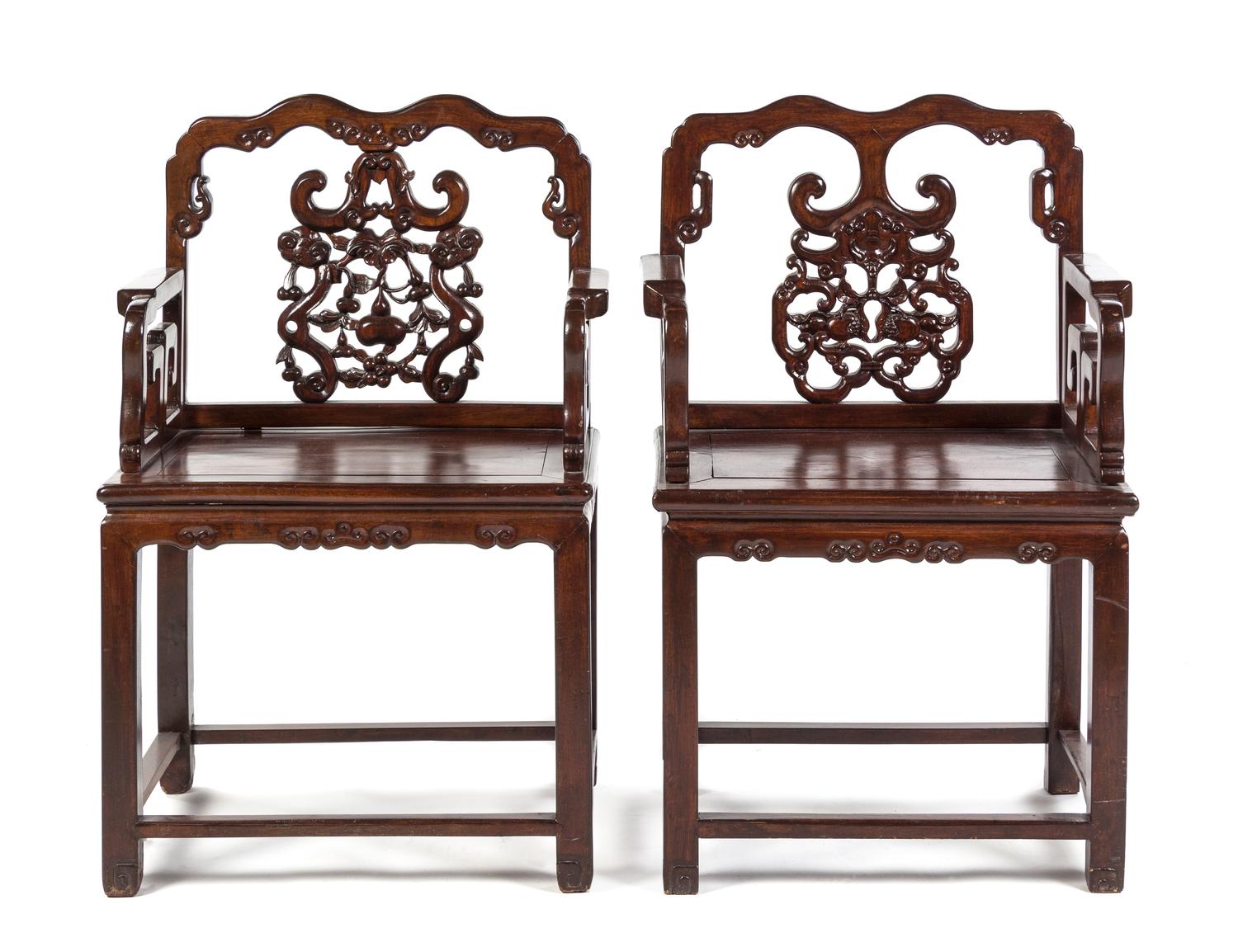 A Pair of Chinese Hardwood Armchairs QING DYNASTY Height 38 1/8 inches. — QING DYNASTY