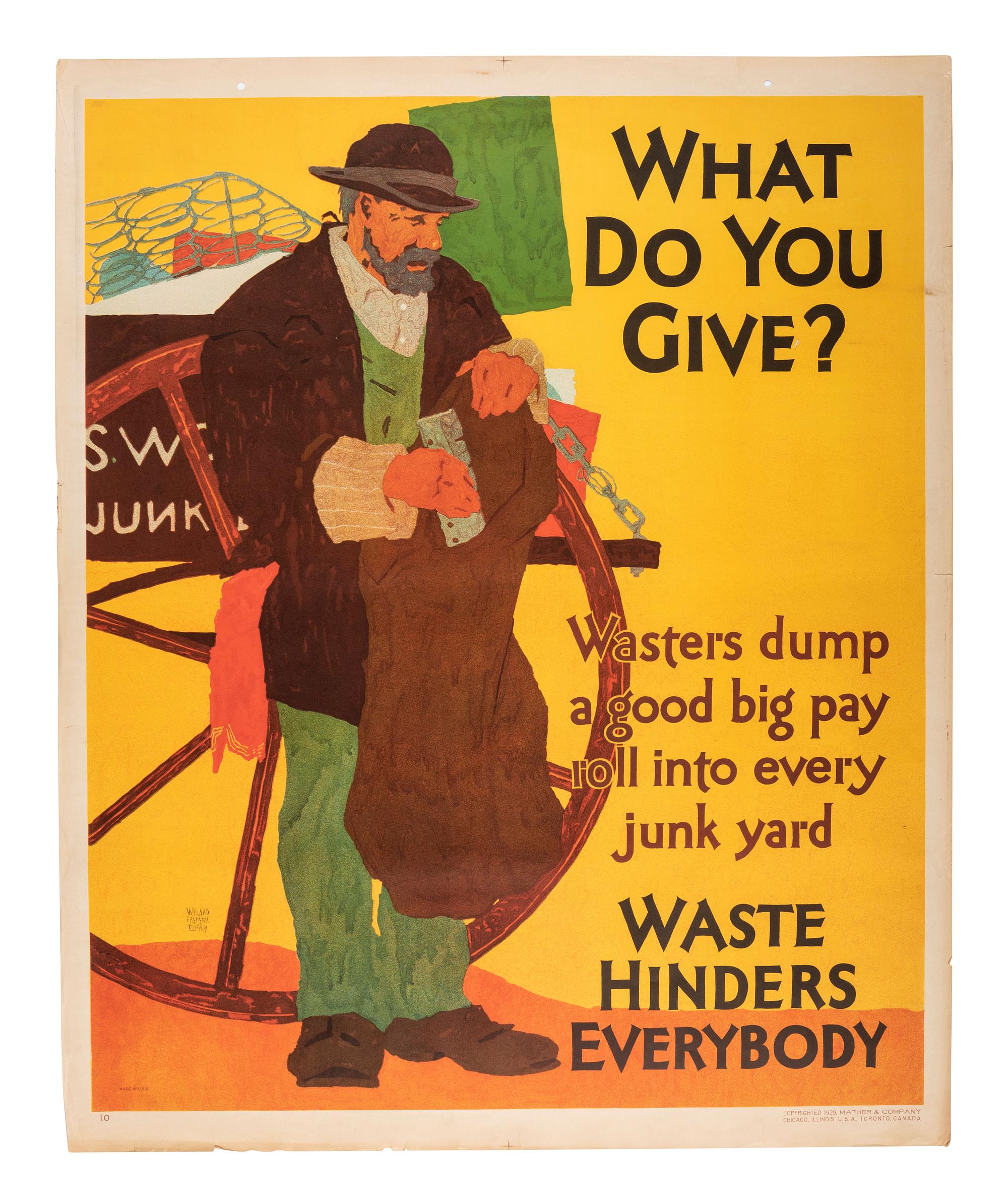 [POSTERS]. ELMES, Willard Frederic, artist. What Do You Give? / Waste Hinders Everybody. Chicago: Mather & Co., 1929.