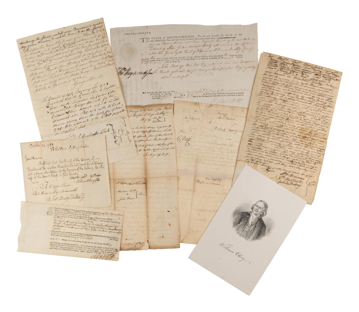[SIGNERS OF THE DECLARATION OF INDEPENDENCE]. A group of 7 documents signed by signers of the Declaration of Independence from Rhode Island, South Carolina, Connecticut, and Pennsylvania, comprising: