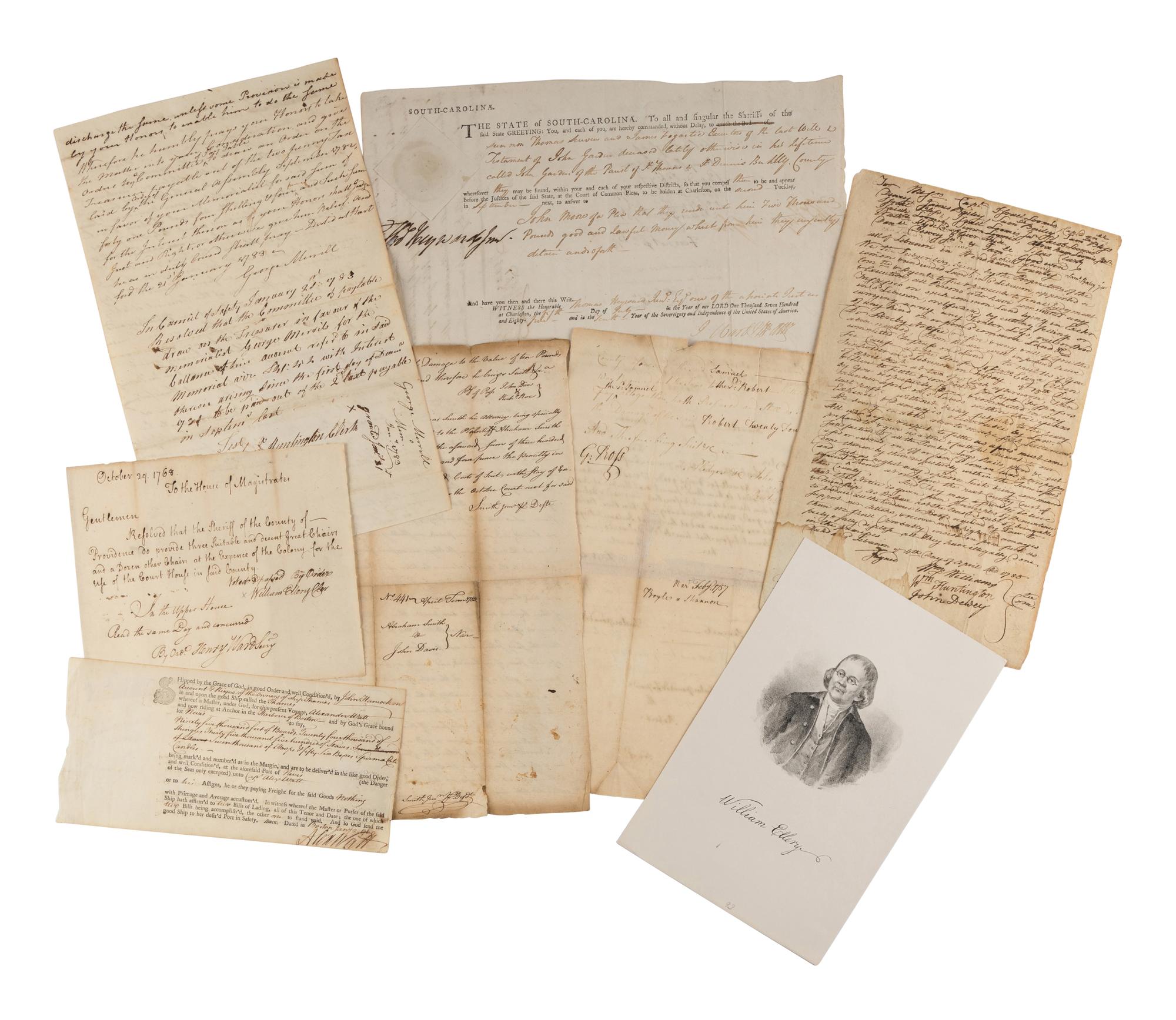 [SIGNERS OF THE DECLARATION OF INDEPENDENCE]. A group of 7 documents signed by signers of the Declaration of Independence from Rhode Island, South Carolina, Connecticut, and Pennsylvania, comprising: