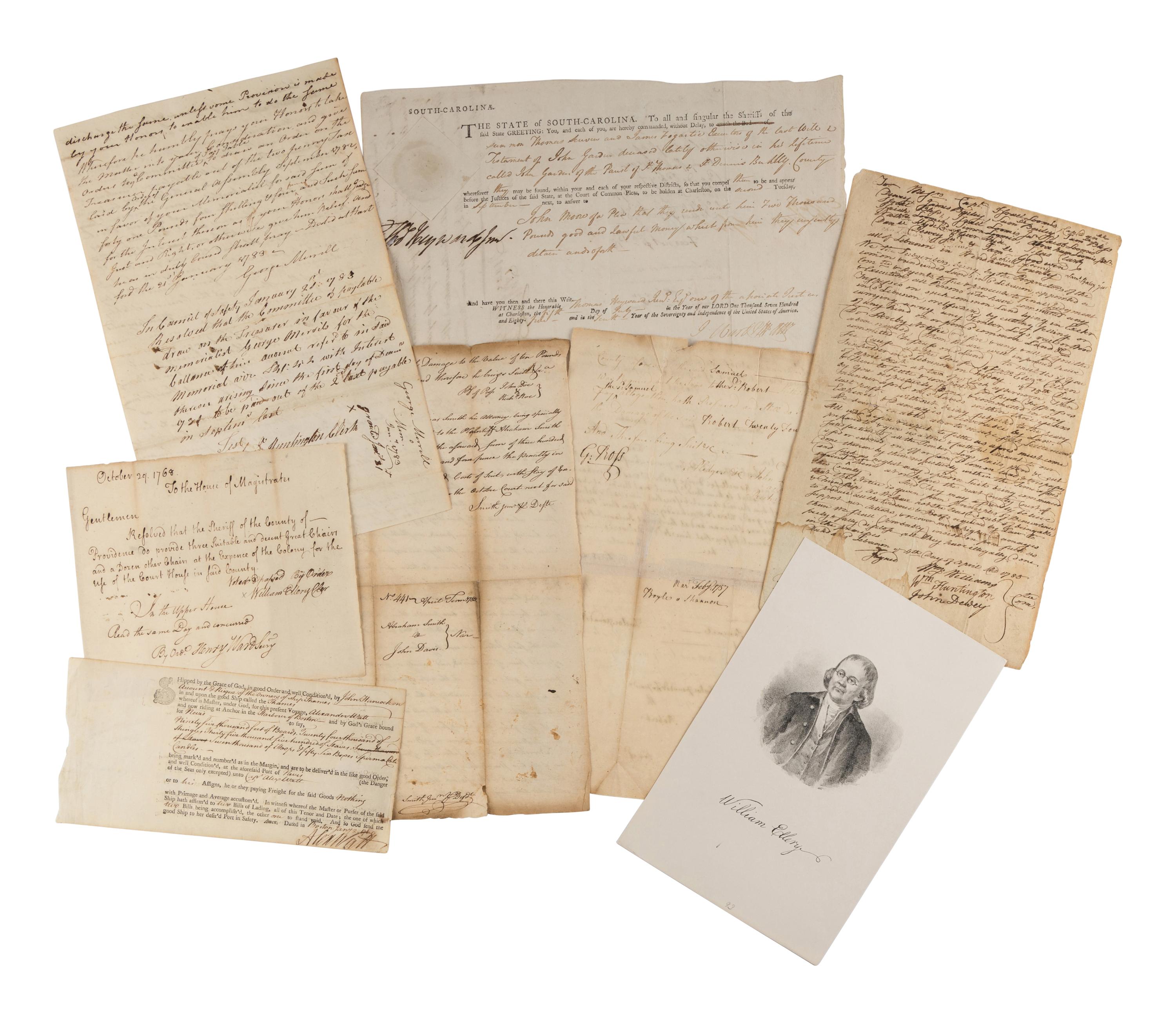 [SIGNERS OF THE DECLARATION OF INDEPENDENCE]. A group of 7 documents signed by signers of the Declaration of Independence from Rhode Island, South Carolina, Connecticut, and Pennsylvania, comprising: