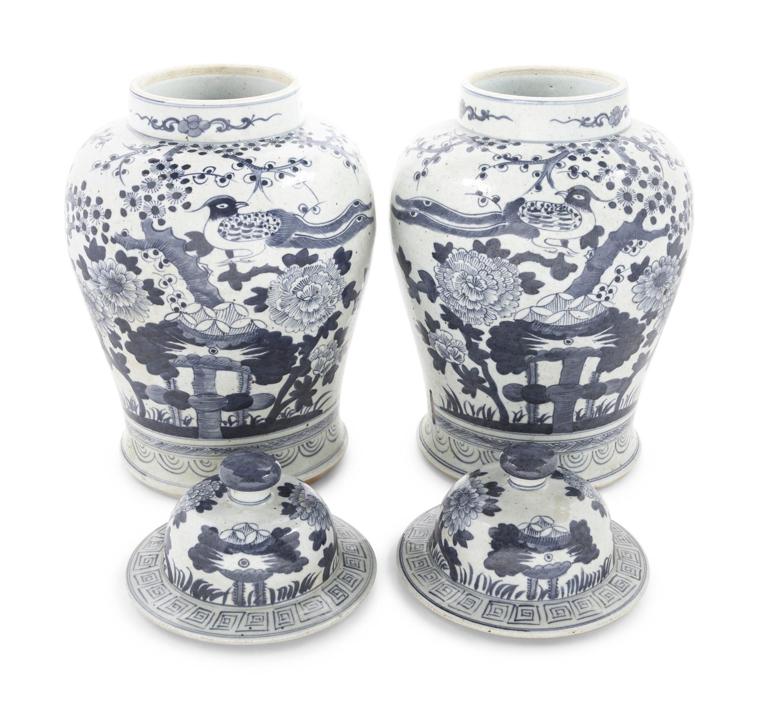 Two Pairs of Chinese Blue and White Porcelain Jars and Covers