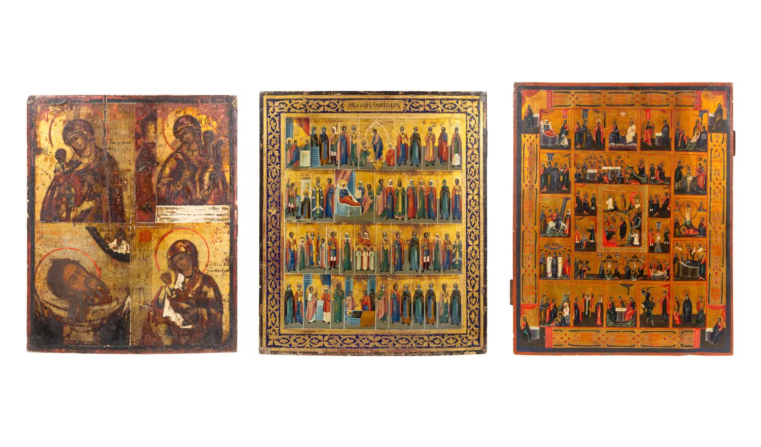 Three Russian Multiple Scene Parcel-Gilt Decorated Icons