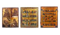Three Russian Multiple Scene Parcel-Gilt Decorated Icons