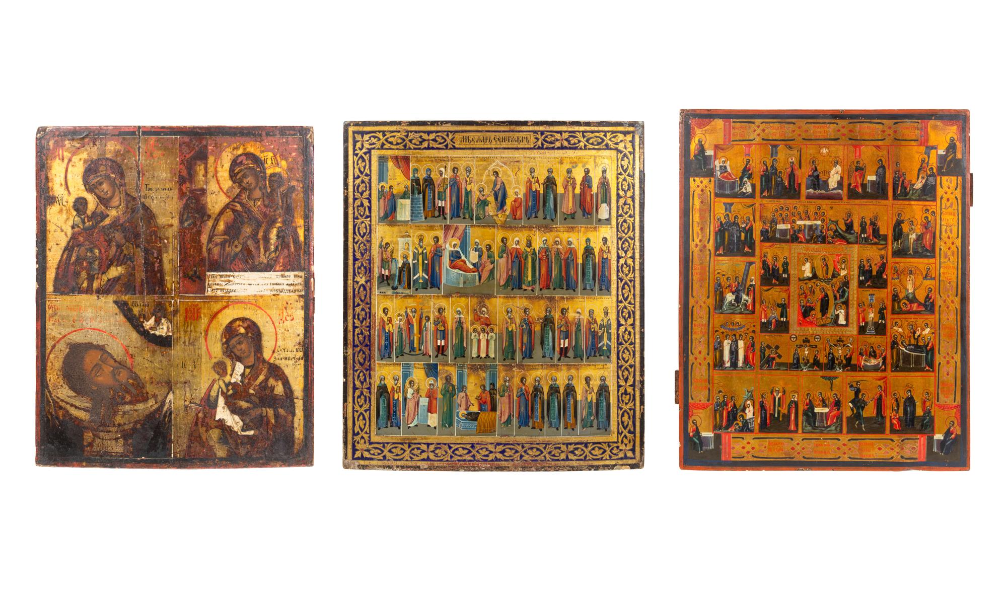 Three Russian Multiple Scene Parcel-Gilt Decorated Icons