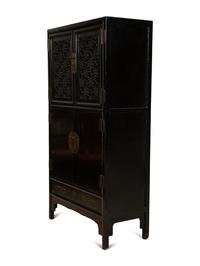 A Chinese Black Lacquer Cabinet with Pierce-carved Upper Door Panels
