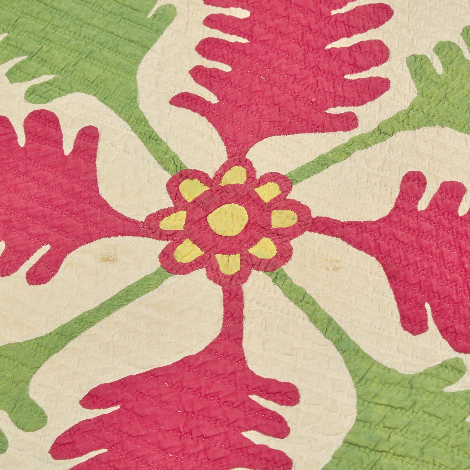 A "Princess Feather" Red and Green Pieced and Appliqued Cotton Quilt