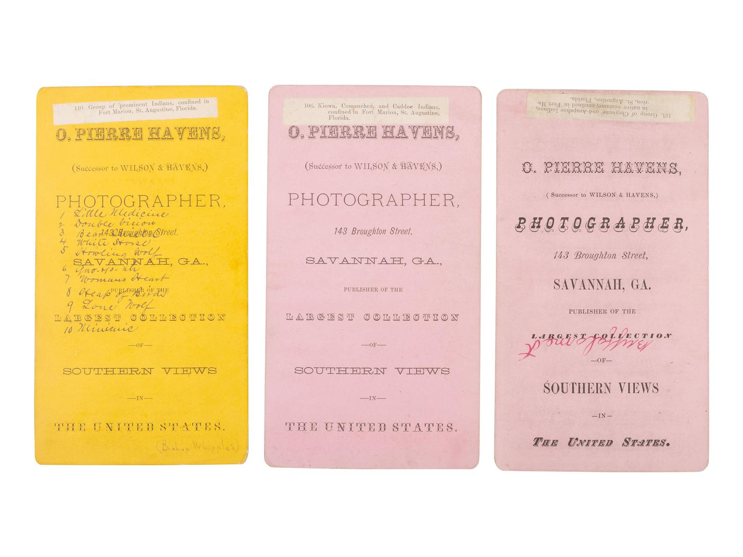[NATIVE AMERICANS]. HAVENS, O. Pierre, photographer. A group of 3 stereoviews of Native American prisoners at Fort Marion, St. Augustine, Florida.