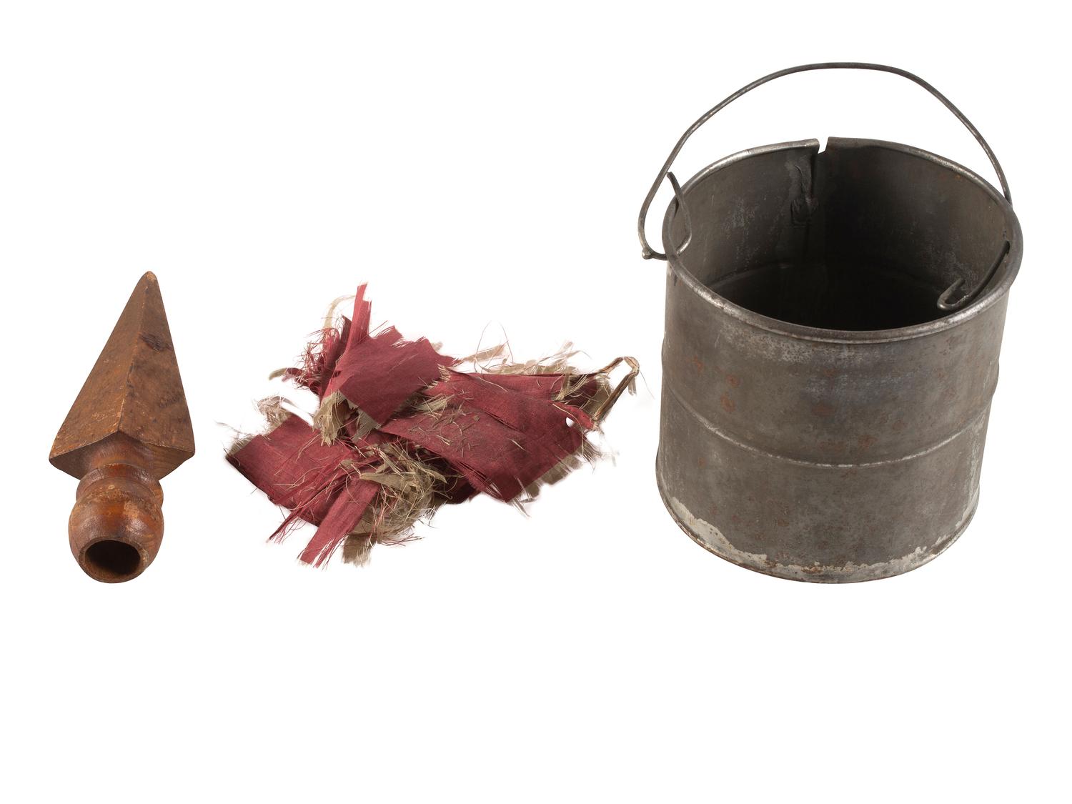 [CIVIL WAR]. 23rd Massachusetts Infantry grouping including mucket, flag remnants, flag finial, and photographs.