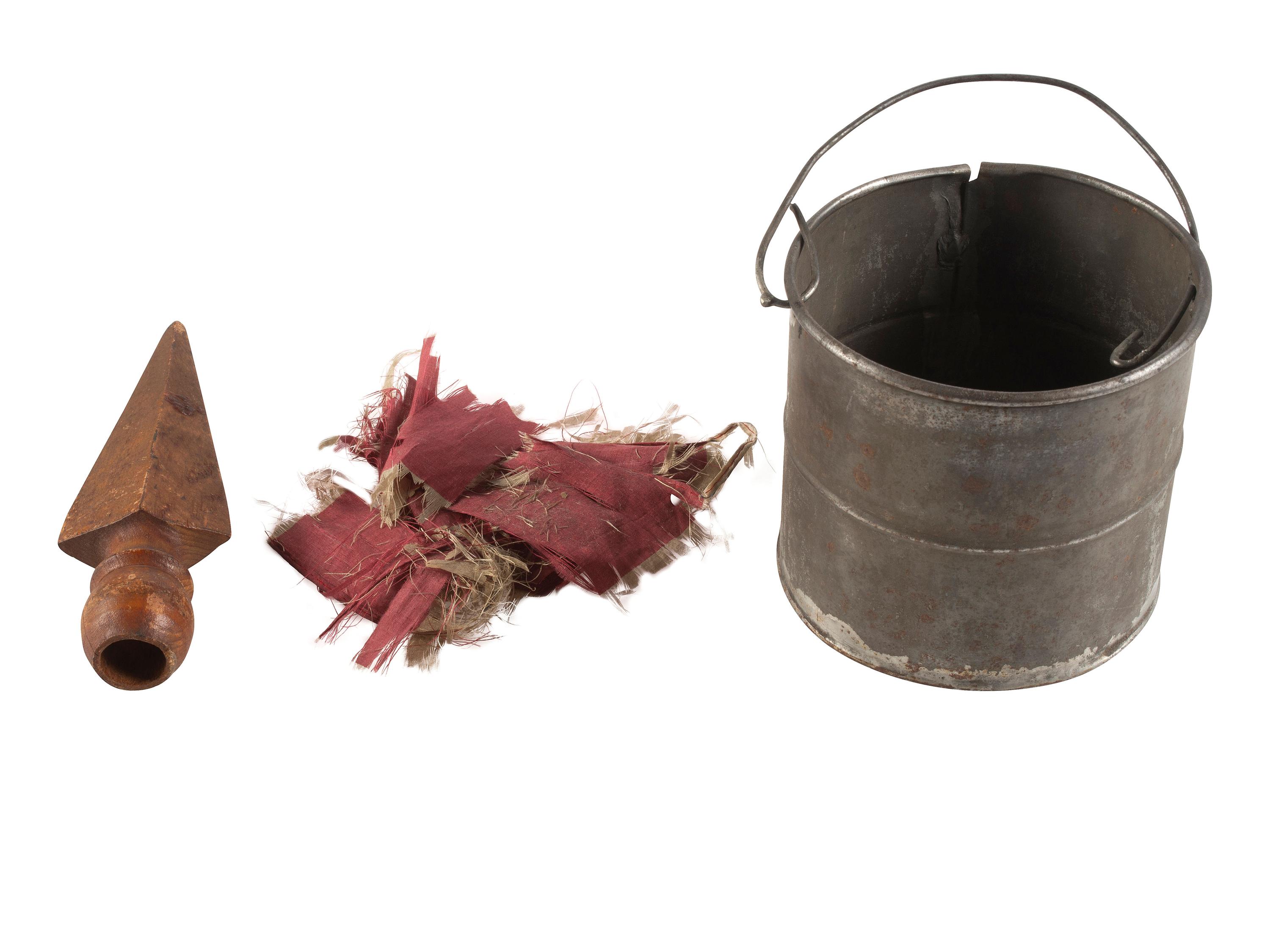 [CIVIL WAR]. 23rd Massachusetts Infantry grouping including mucket, flag remnants, flag finial, and photographs.