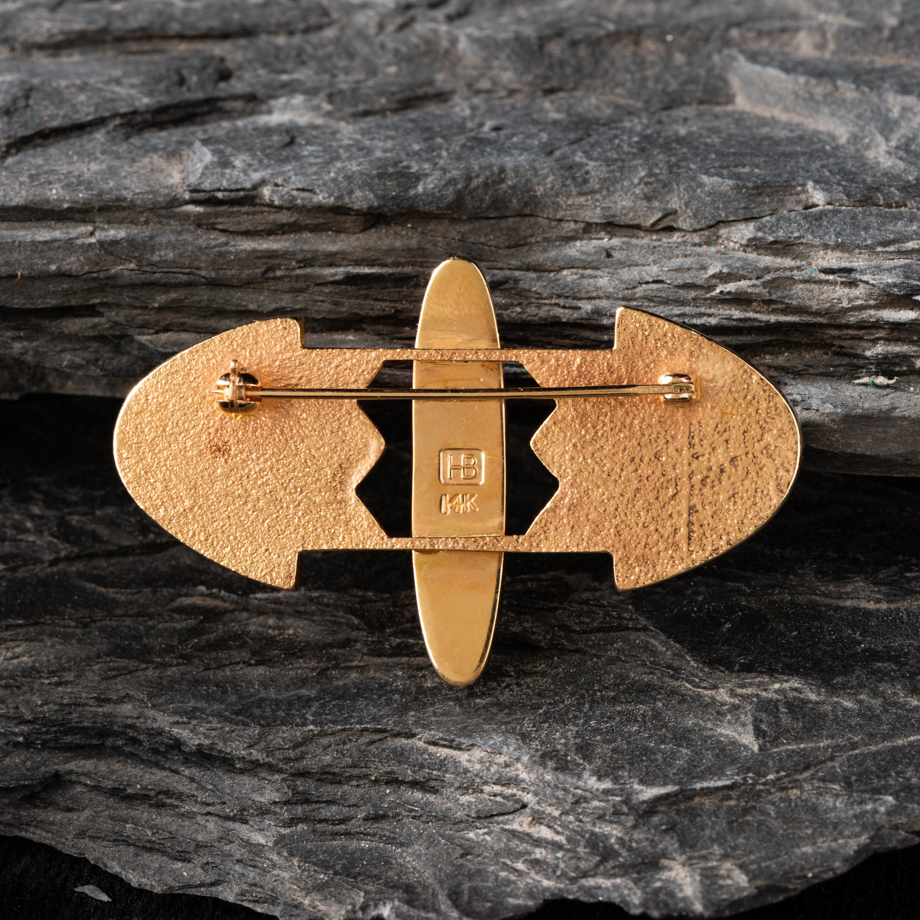 Harvey Austin Begay (Diné, 1938-2009) — 14K Gold, Turquoise, and Coral Pin / Brooch