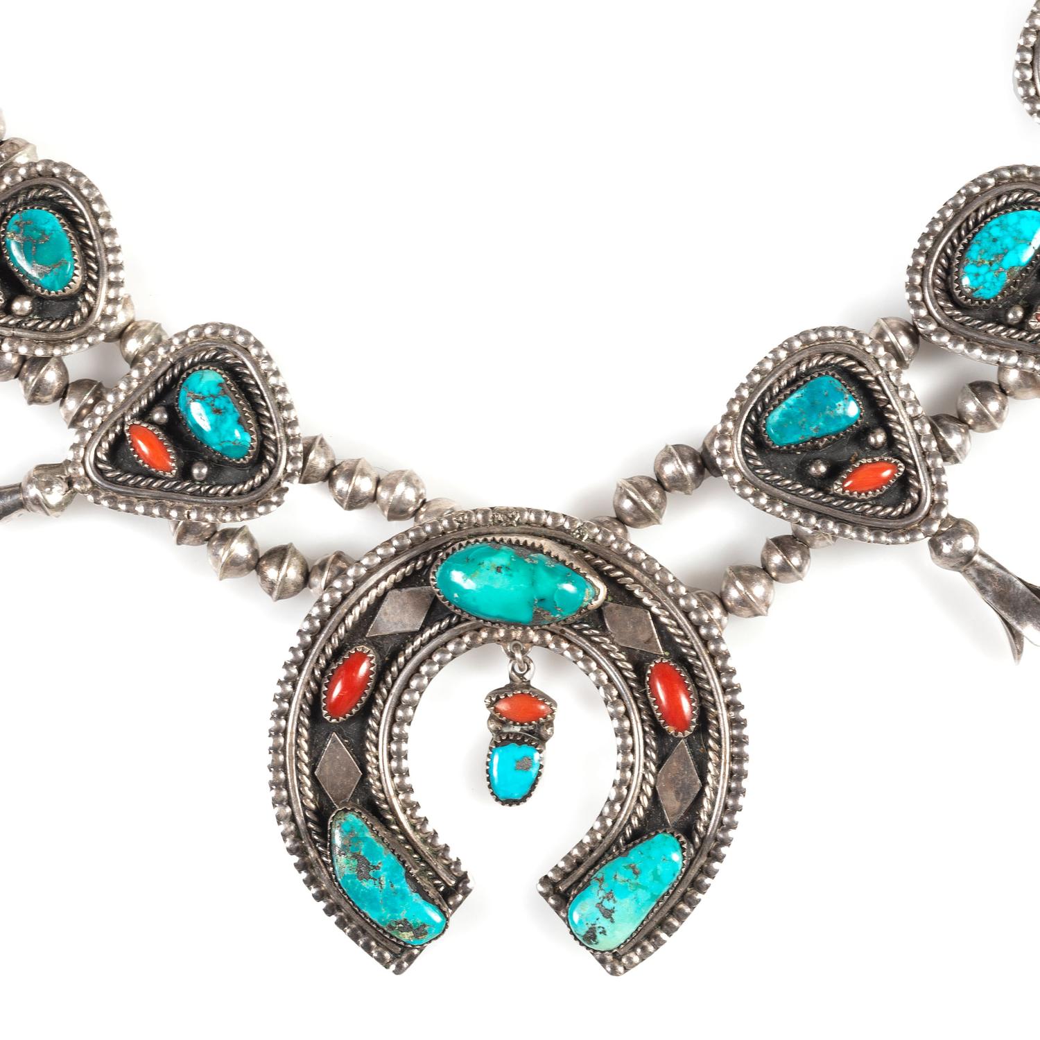 Southwestern-style Silver, Turquoise, and Coral Squash Blossom Necklace